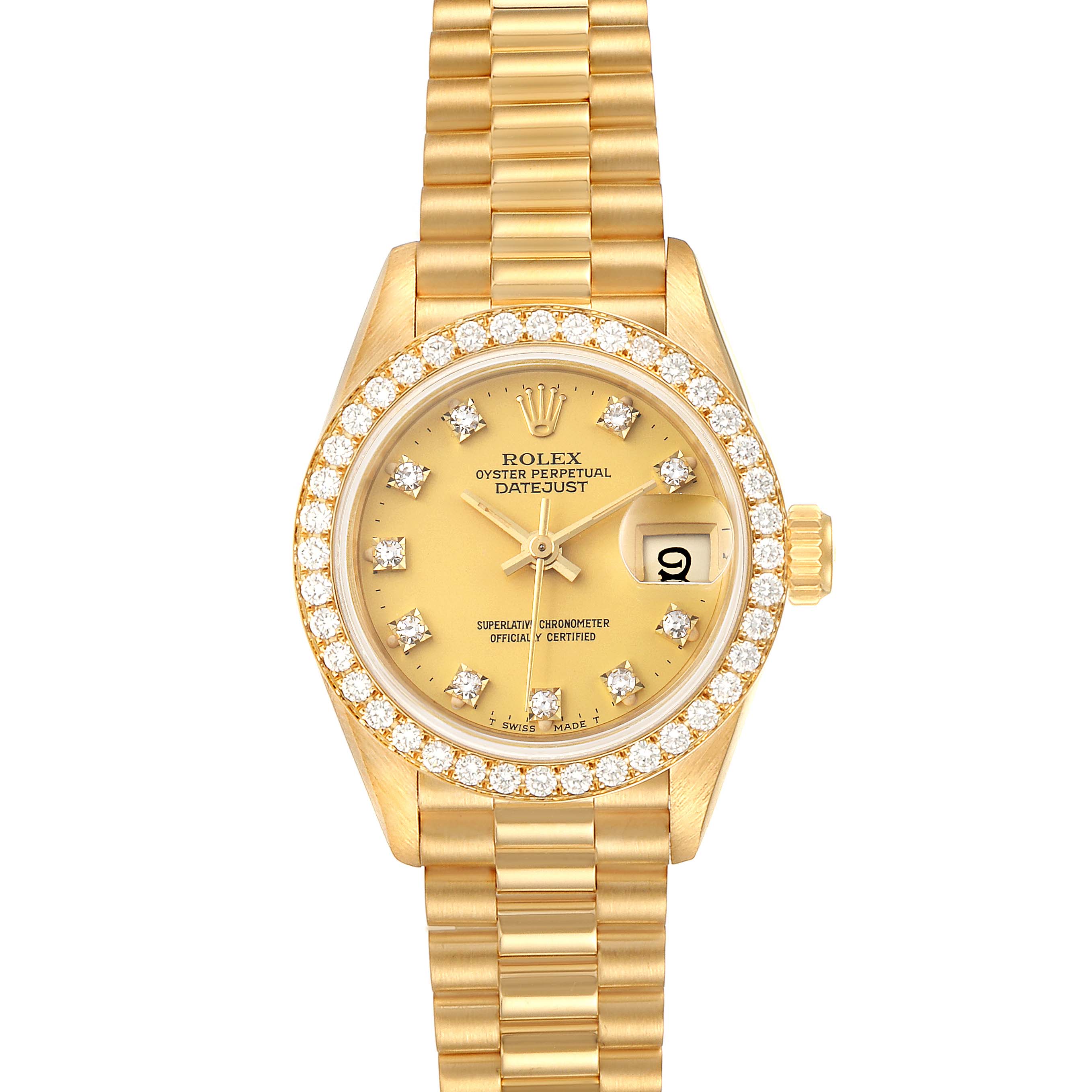 This image shows a Rolex President 69138 Women
s Yellow Gold Champagne Dial 69138 Women
s Yellow Gold Champagne Dial model watch with a gold bracelet, diamond-encrusted bezel, and a date display.