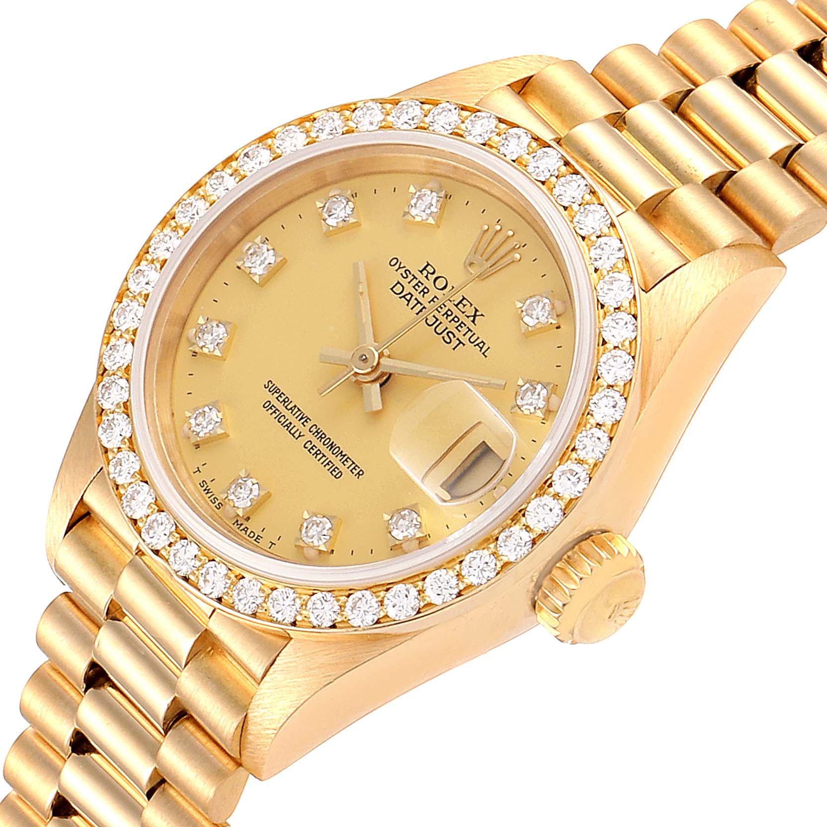 The image shows a close-up, angled view of the Rolex President 69138 Women
s Yellow Gold Champagne Dial 69138 Women
s Yellow Gold Champagne Dial model watch, highlighting its diamond-studded bezel, dial, and bracelet.