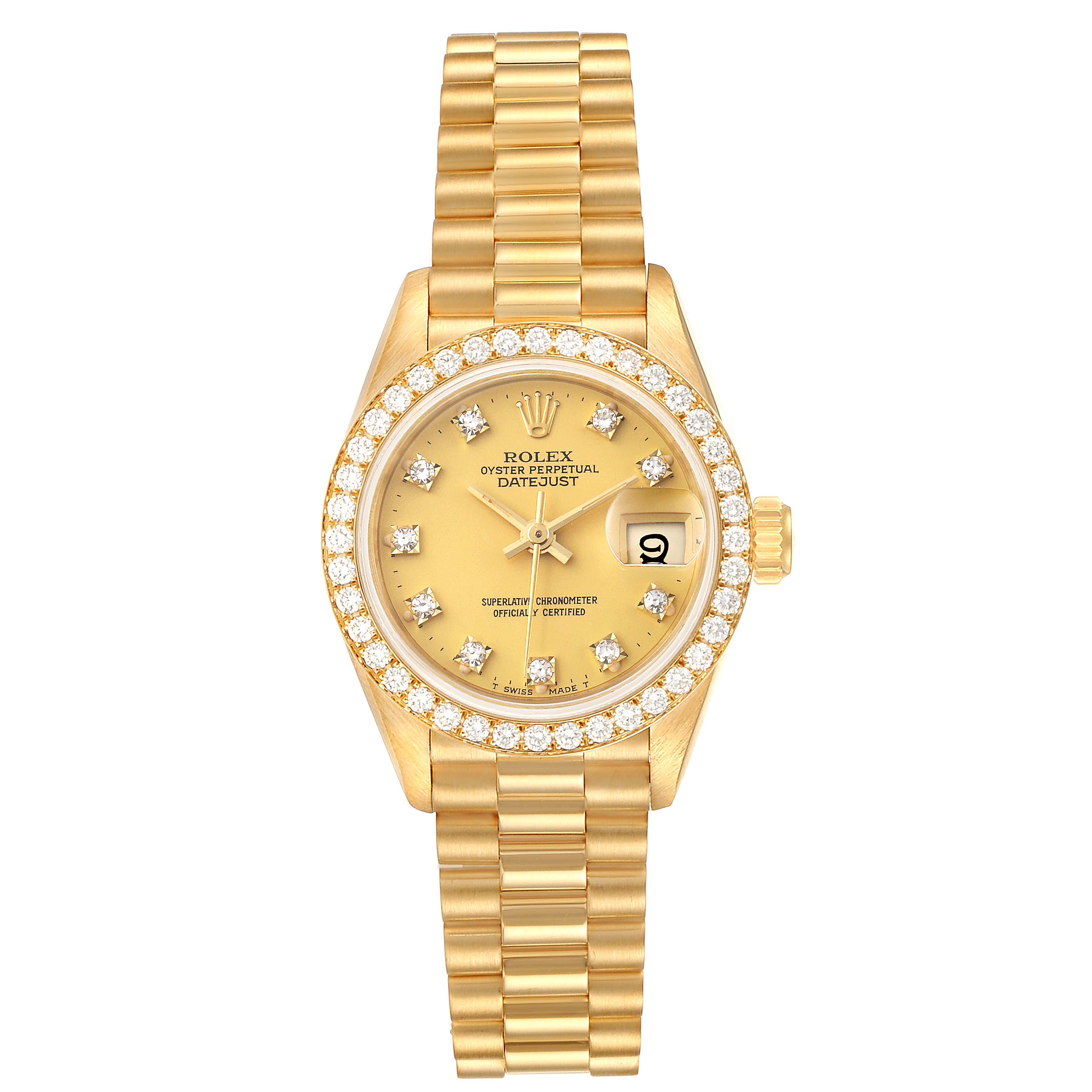 This image shows the front of a Rolex President 69138 Women
s Yellow Gold Champagne Dial 69138 Women
s Yellow Gold Champagne Dial Datejust watch, featuring a gold bracelet, diamond bezel, and round dial.