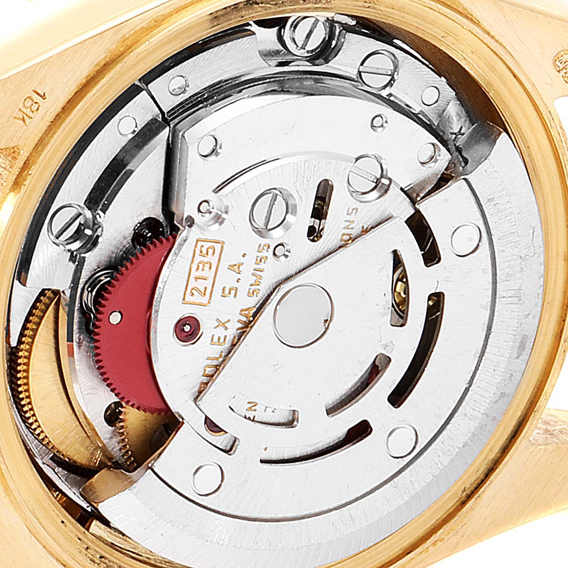 This image shows a close-up of the movement inside a Rolex President 69138 Women
s Yellow Gold Champagne Dial 69138 Women
s Yellow Gold Champagne Dial model watch, highlighting its intricate mechanical components.