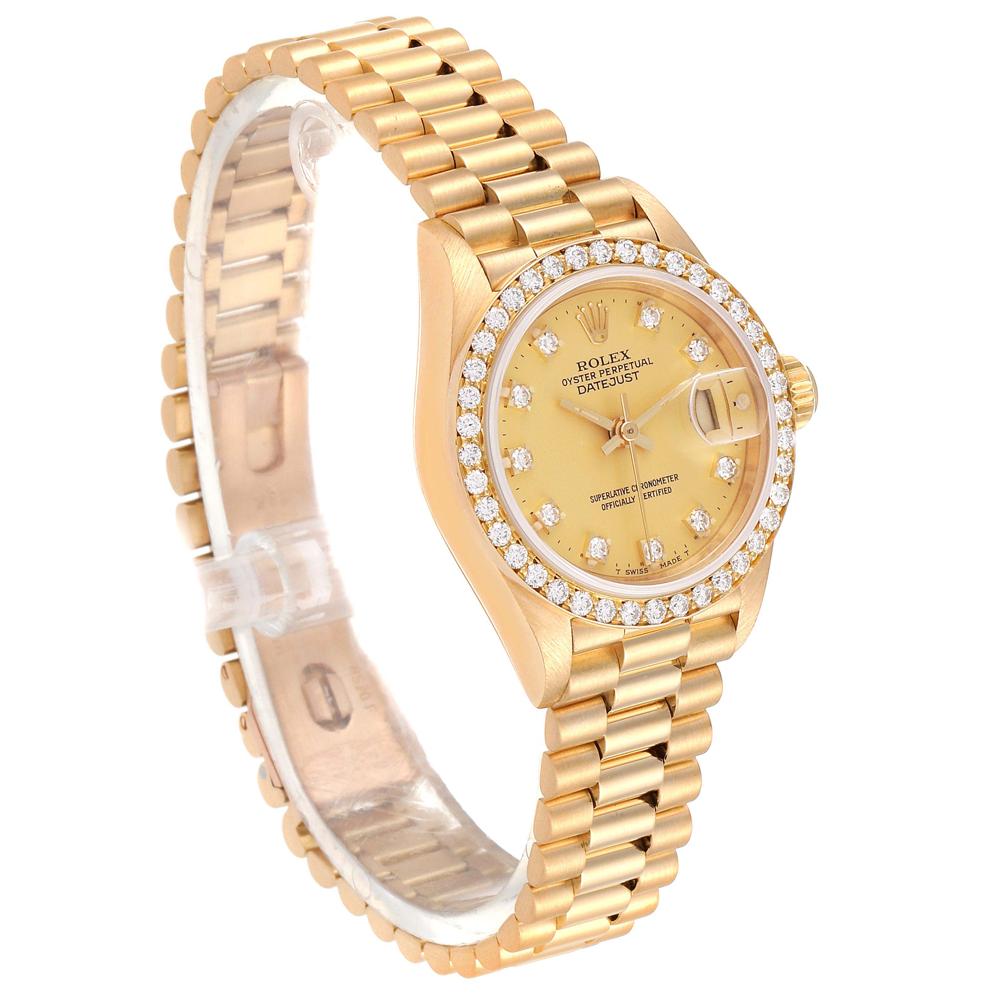 The image shows a Rolex President 69138 Women
s Yellow Gold Champagne Dial 69138 Women
s Yellow Gold Champagne Dial model watch at a slight angle, highlighting its gold bracelet, diamond bezel, and face.