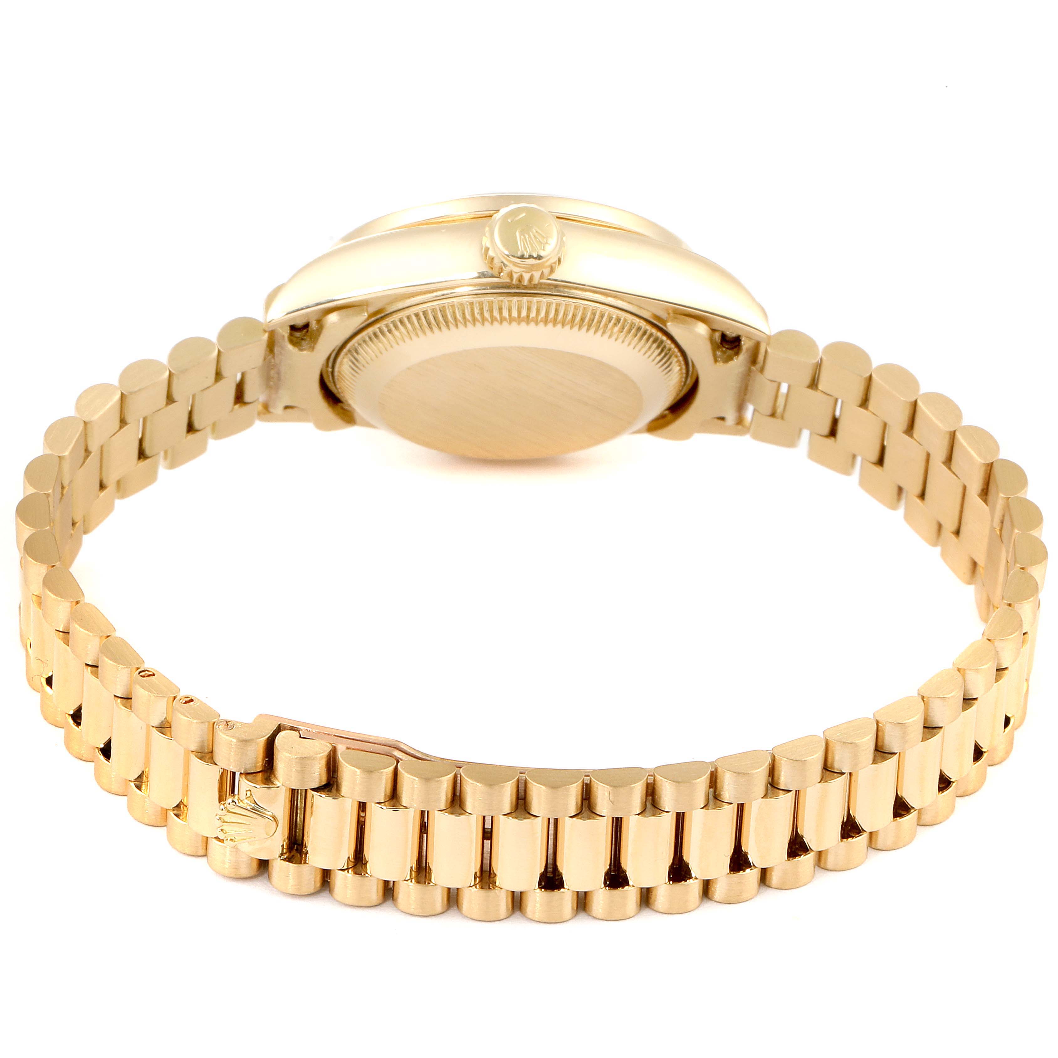 This Rolex President 69138 Women
s Yellow Gold Champagne Dial 69138 Women
s Yellow Gold Champagne Dial model watch is shown from the back, highlighting the case, crown, and bracelet.