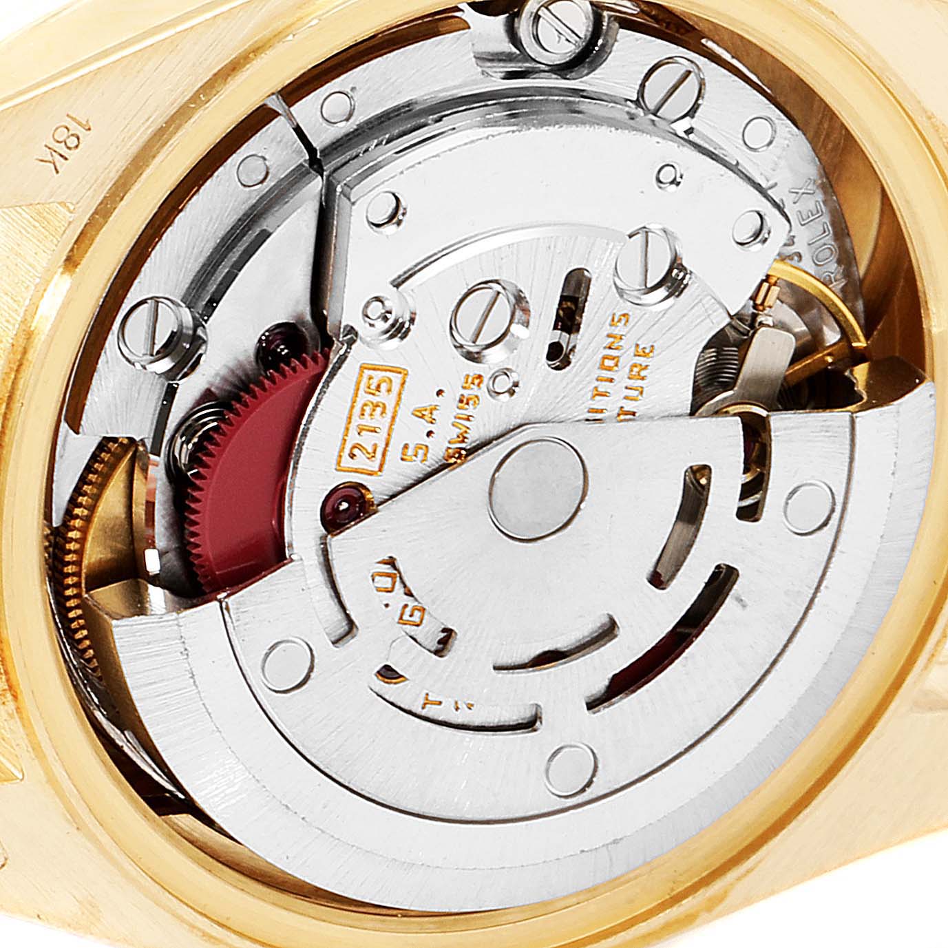 This image shows a close-up of the movement and internal mechanism of a Rolex President 69178 Women
s Yellow Gold Champagne Dial 69178 Women
s Yellow Gold Champagne Dial model watch.