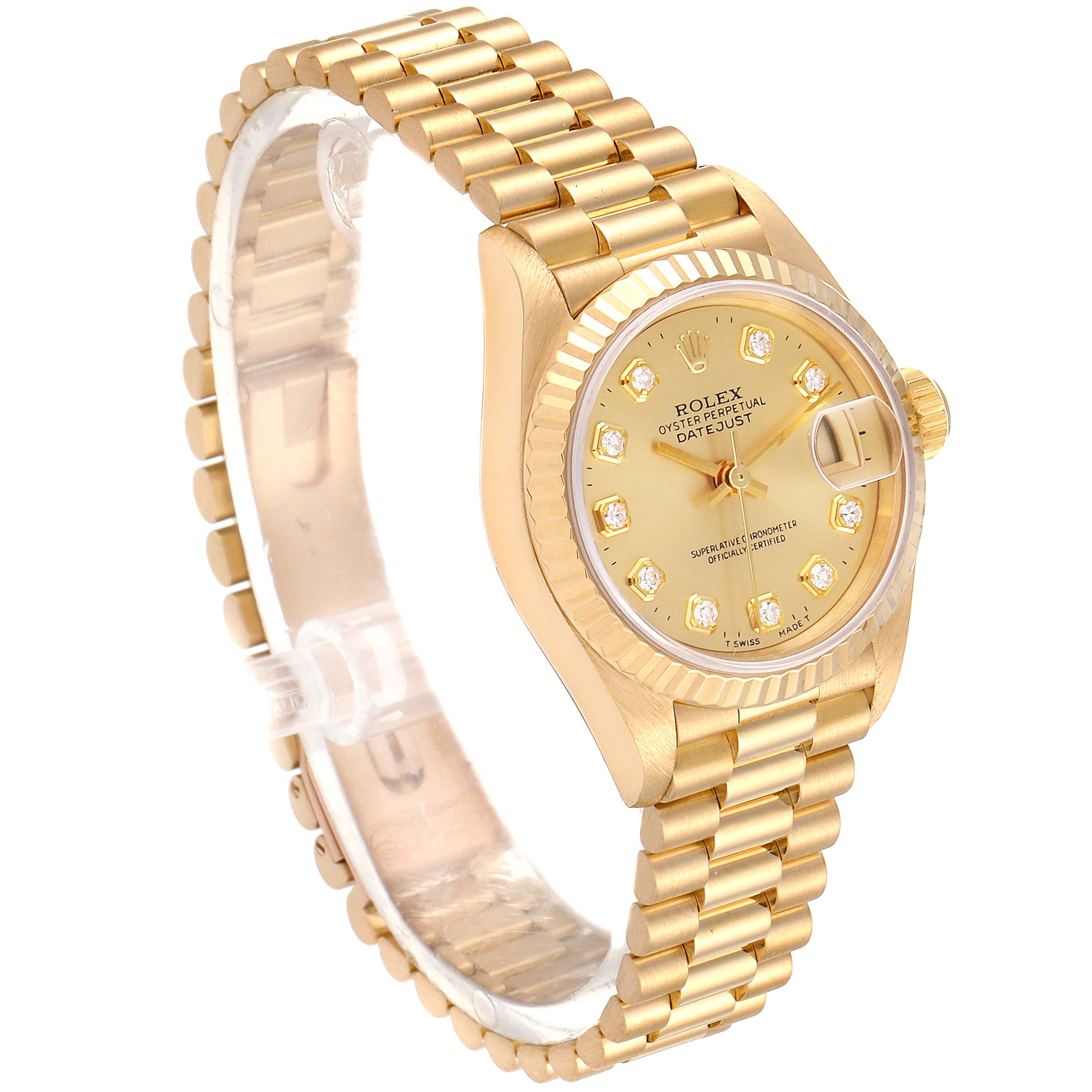 The Rolex President 69178 Women
s Yellow Gold Champagne Dial 69178 Women
s Yellow Gold Champagne Dial model watch is shown at an oblique angle, displaying the watch face, bezel, and bracelet.