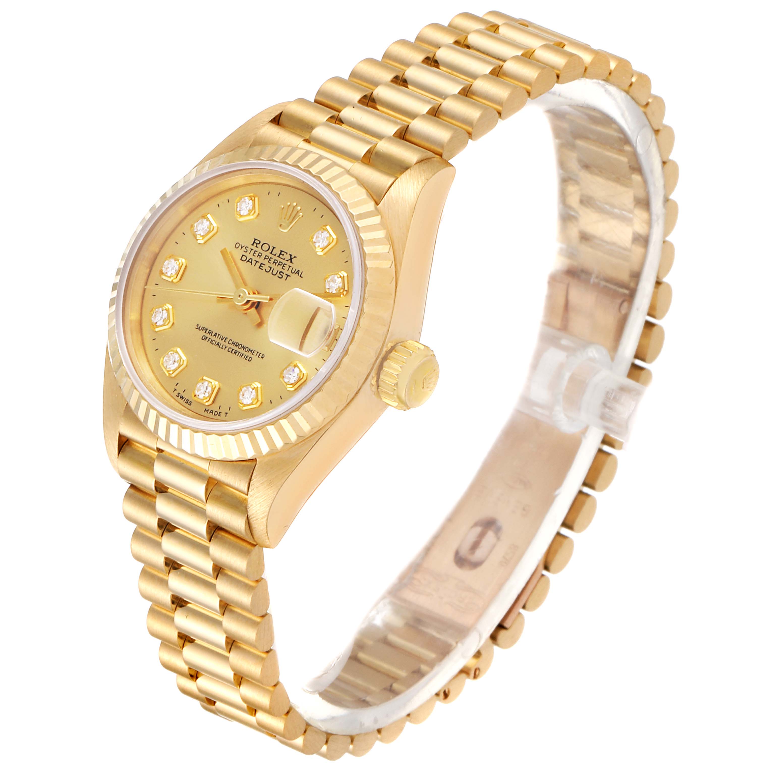 This Rolex President 69178 Women
s Yellow Gold Champagne Dial 69178 Women
s Yellow Gold Champagne Dial model watch is shown from a slight side angle, featuring its gold case, diamond-studded dial, fluted bezel, and President bracelet.
