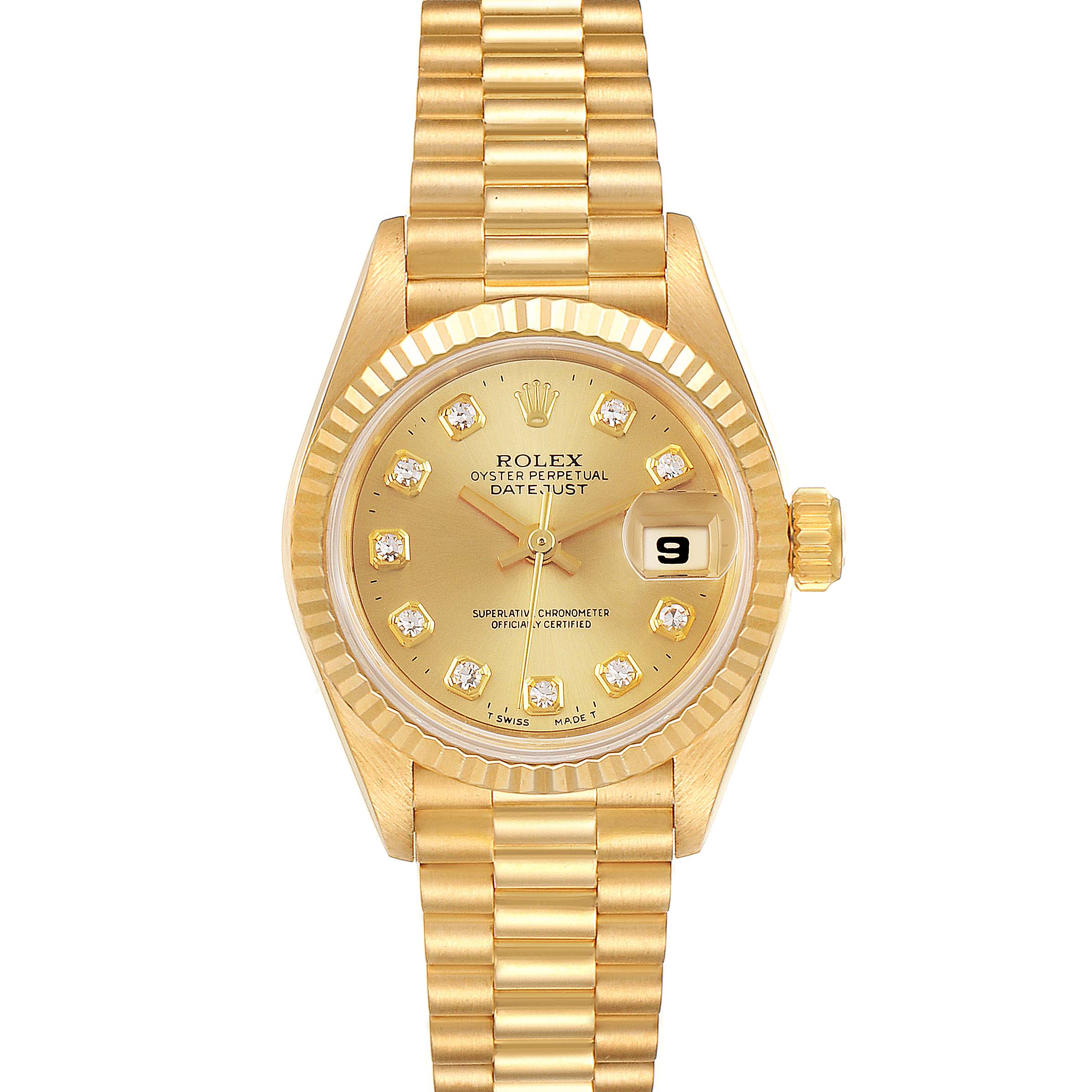 The image shows a frontal view of a Rolex President 69178 Women
s Yellow Gold Champagne Dial 69178 Women
s Yellow Gold Champagne Dial model watch, featuring a gold dial, diamond hour markers, and a gold bracelet.