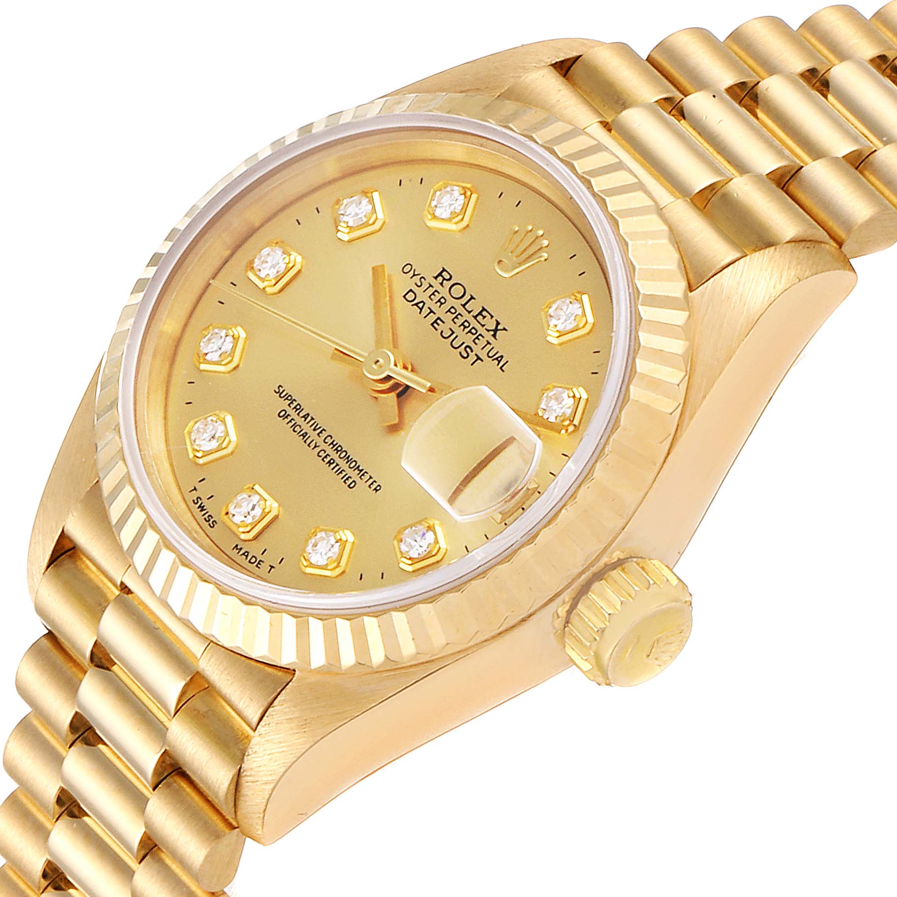 The image shows a close-up of a Rolex President 69178 Women
s Yellow Gold Champagne Dial 69178 Women
s Yellow Gold Champagne Dial model watch face and bracelet, angled slightly from above.
