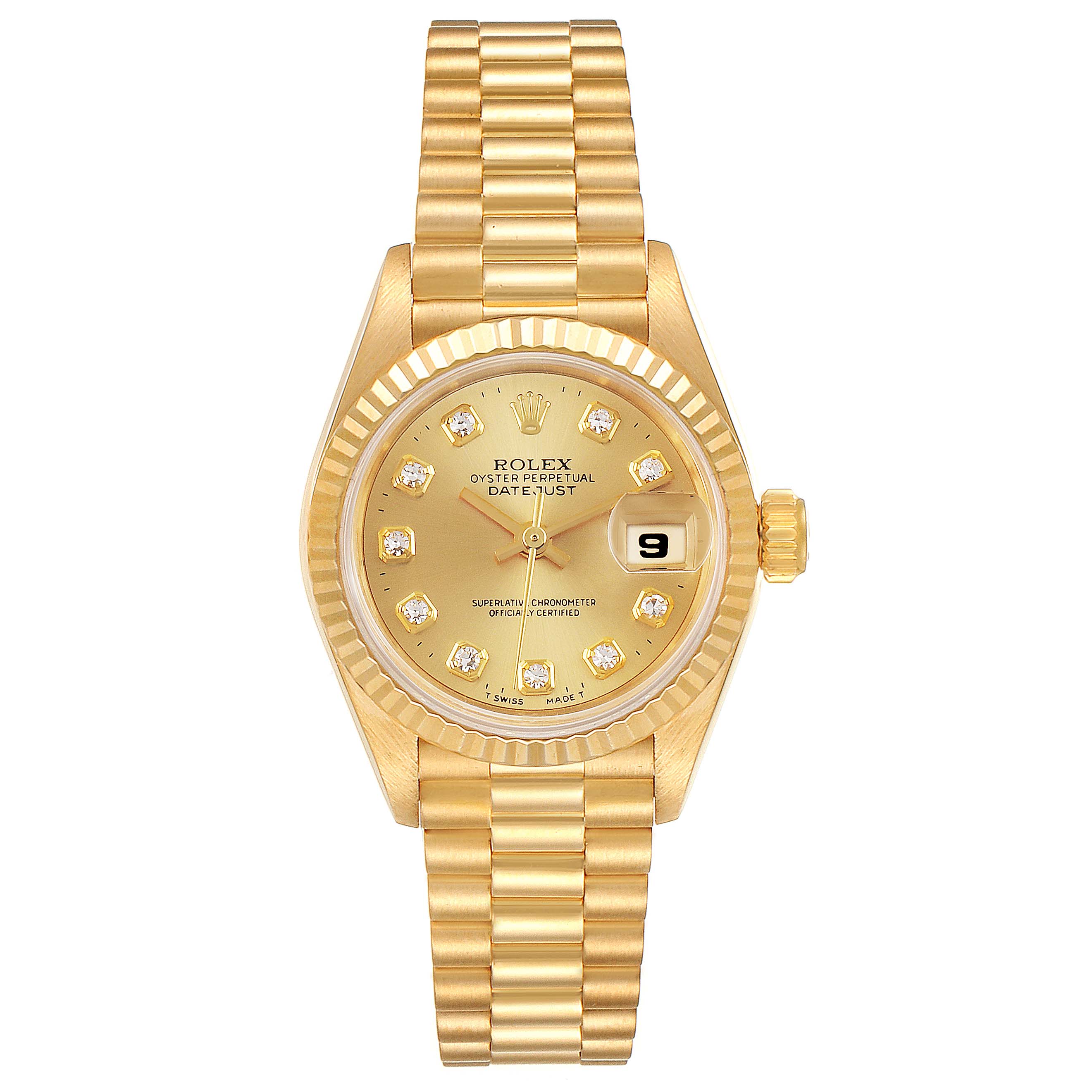 The image shows the front view of a Rolex President 69178 Women
s Yellow Gold Champagne Dial 69178 Women
s Yellow Gold Champagne Dial model watch, including the bracelet, dial, date, and crown.