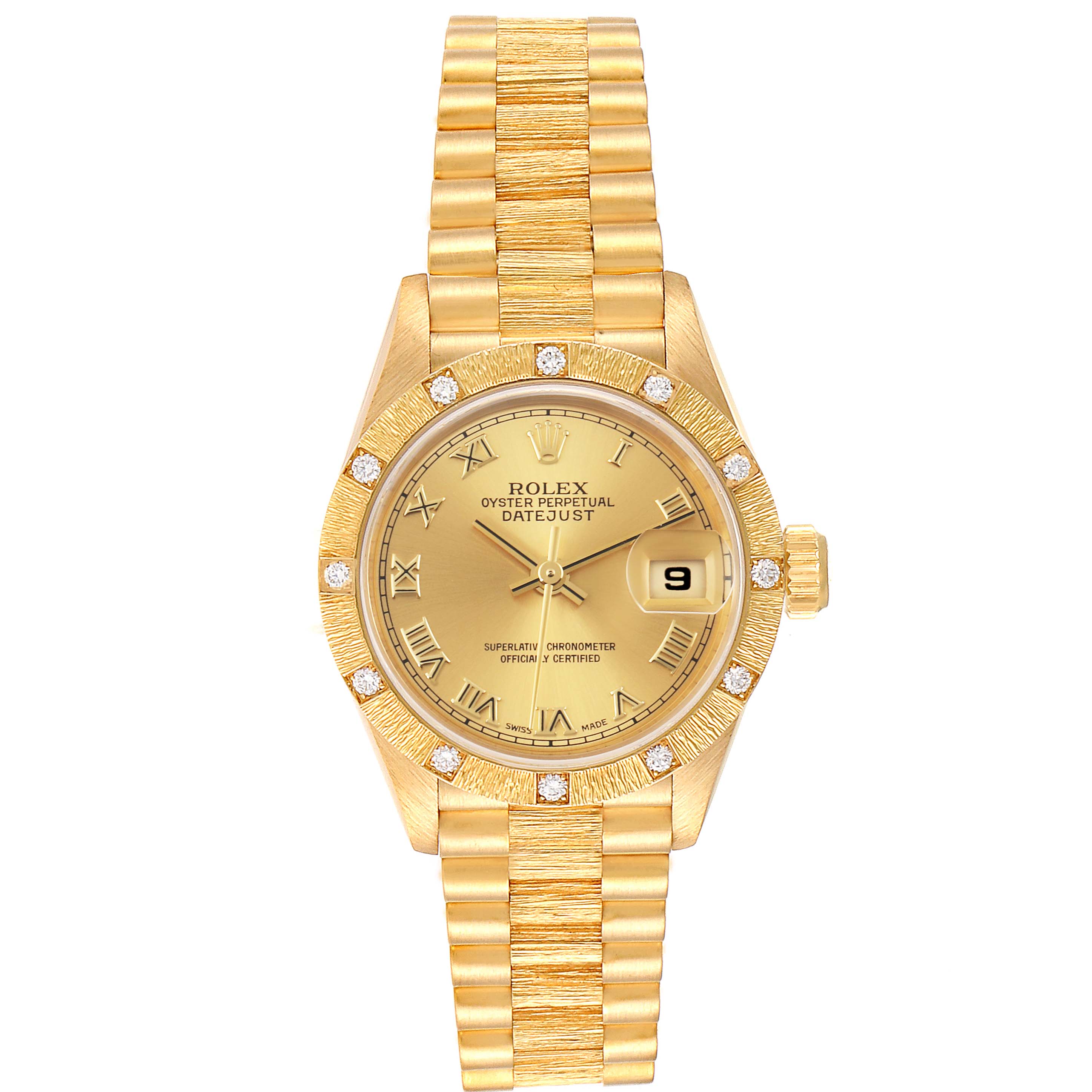 This Rolex President 69288 Women
s Yellow Gold Champagne Dial 69288 Women
s Yellow Gold Champagne Dial model watch is shown from a top-down angle, displaying the face, bezel, and bracelet.