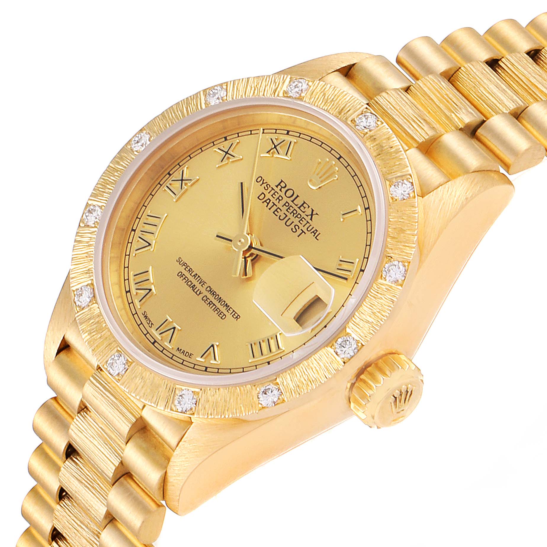 The image shows a close-up angled view of a Rolex President 69288 Women
s Yellow Gold Champagne Dial 69288 Women
s Yellow Gold Champagne Dial model watch, highlighting the dial, bezel, crown, and bracelet.