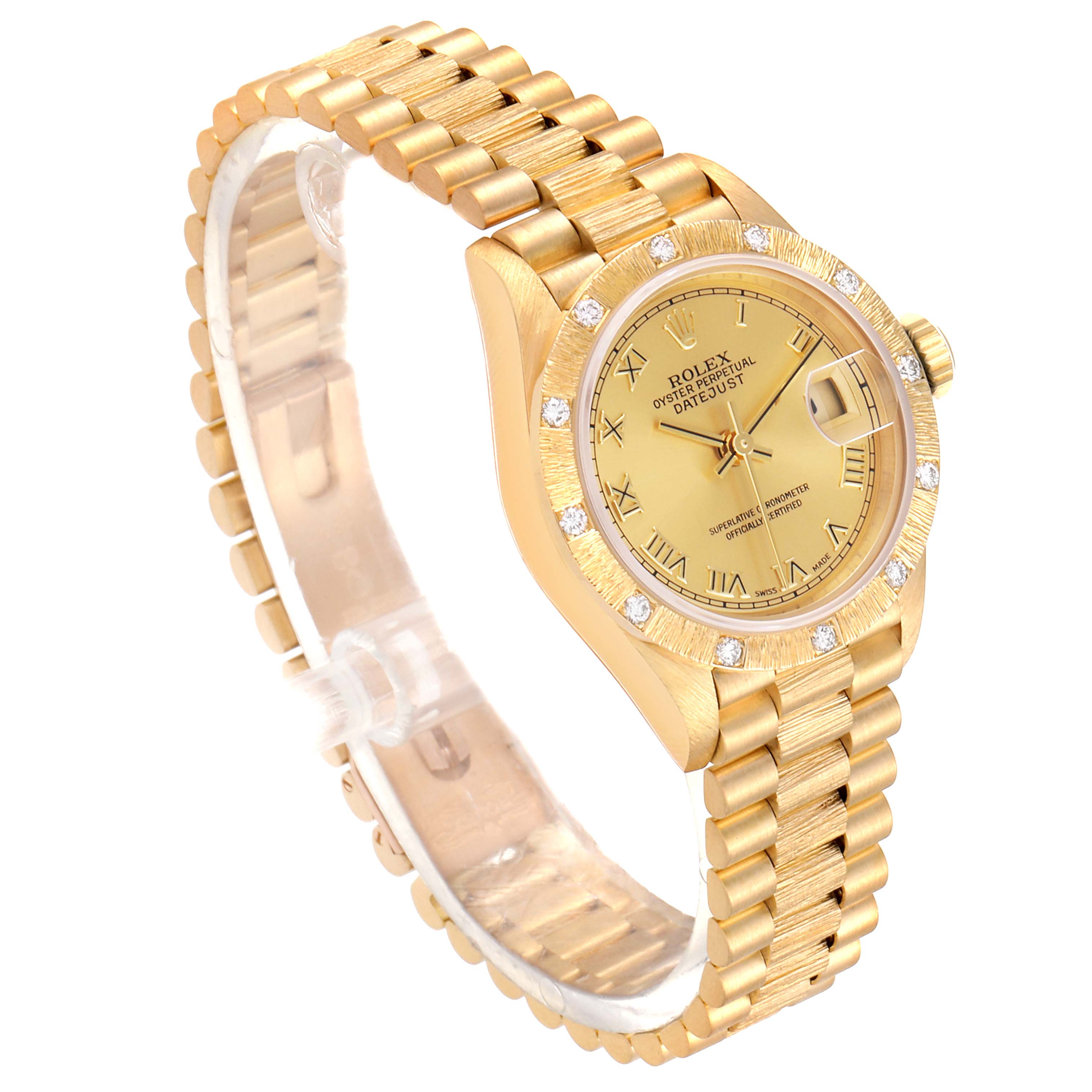 This image shows a Rolex President 69288 Women
s Yellow Gold Champagne Dial 69288 Women
s Yellow Gold Champagne Dial model watch angled to display the gold bracelet, the case, and part of the dial with date display.