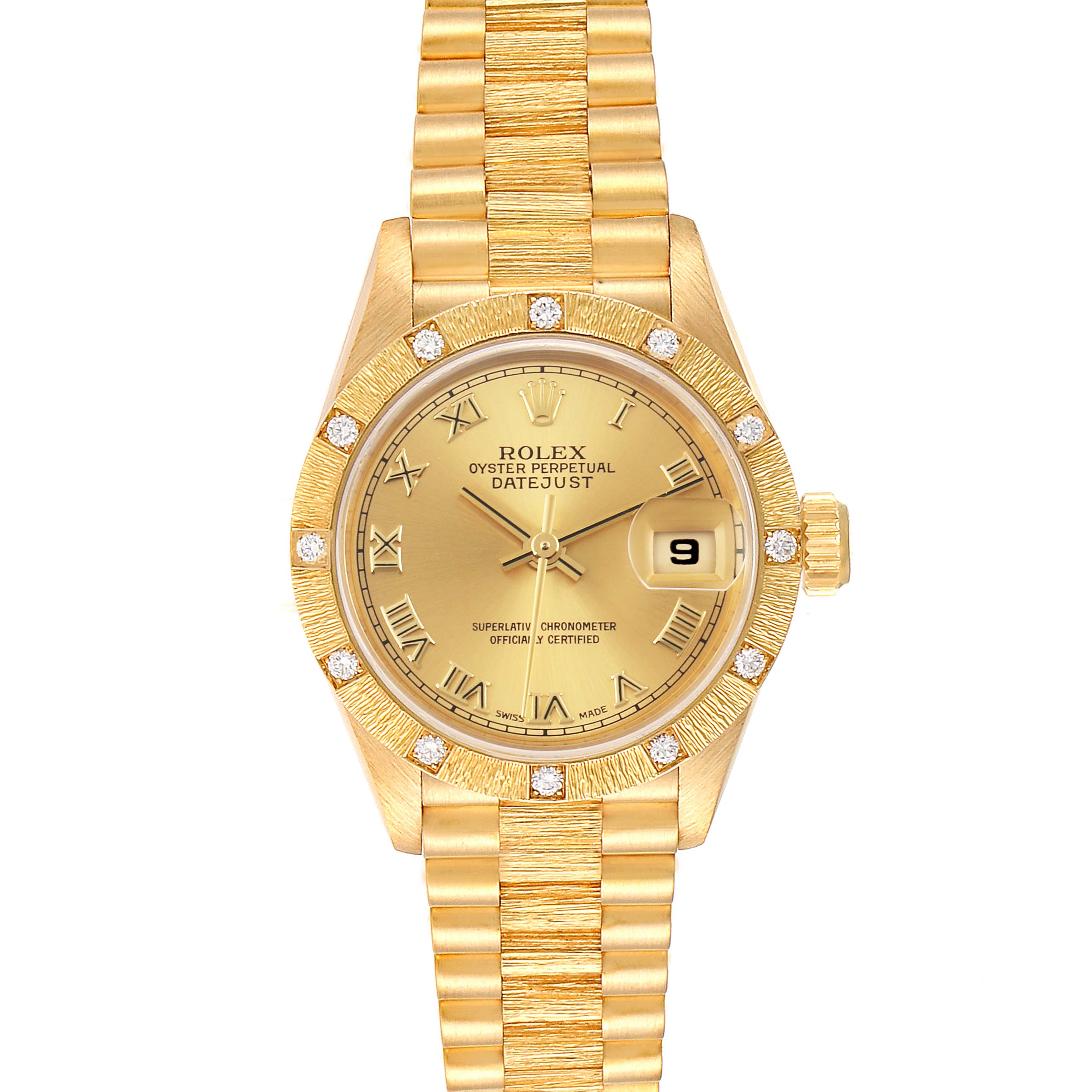 The image shows a frontal view of a Rolex President 69288 Women
s Yellow Gold Champagne Dial 69288 Women
s Yellow Gold Champagne Dial model watch, highlighting its gold bracelet, bezel, and dial with date display.