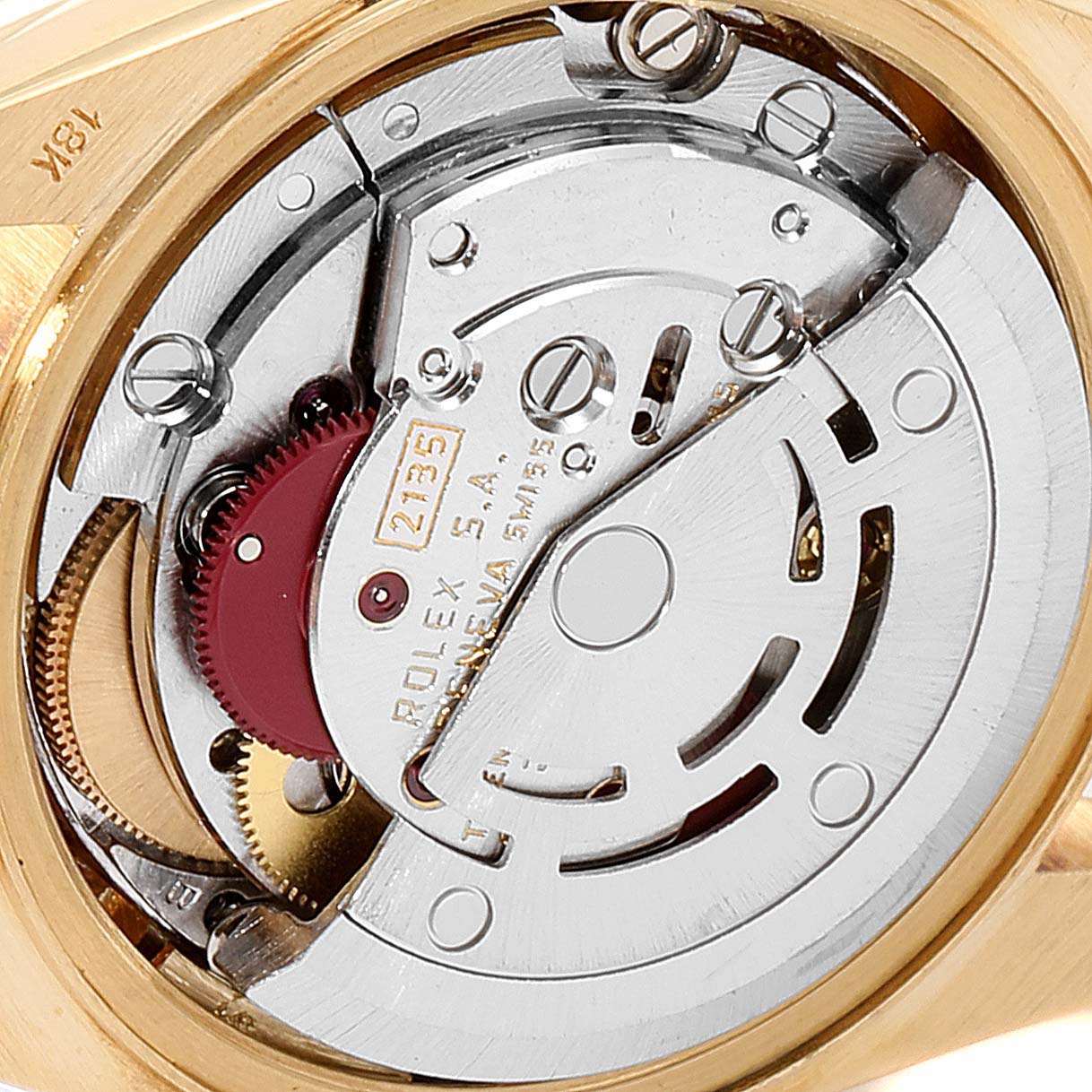 The image shows a close-up view of the movement and internal components of a Rolex President 69288 Women
s Yellow Gold Champagne Dial 69288 Women
s Yellow Gold Champagne Dial model watch.