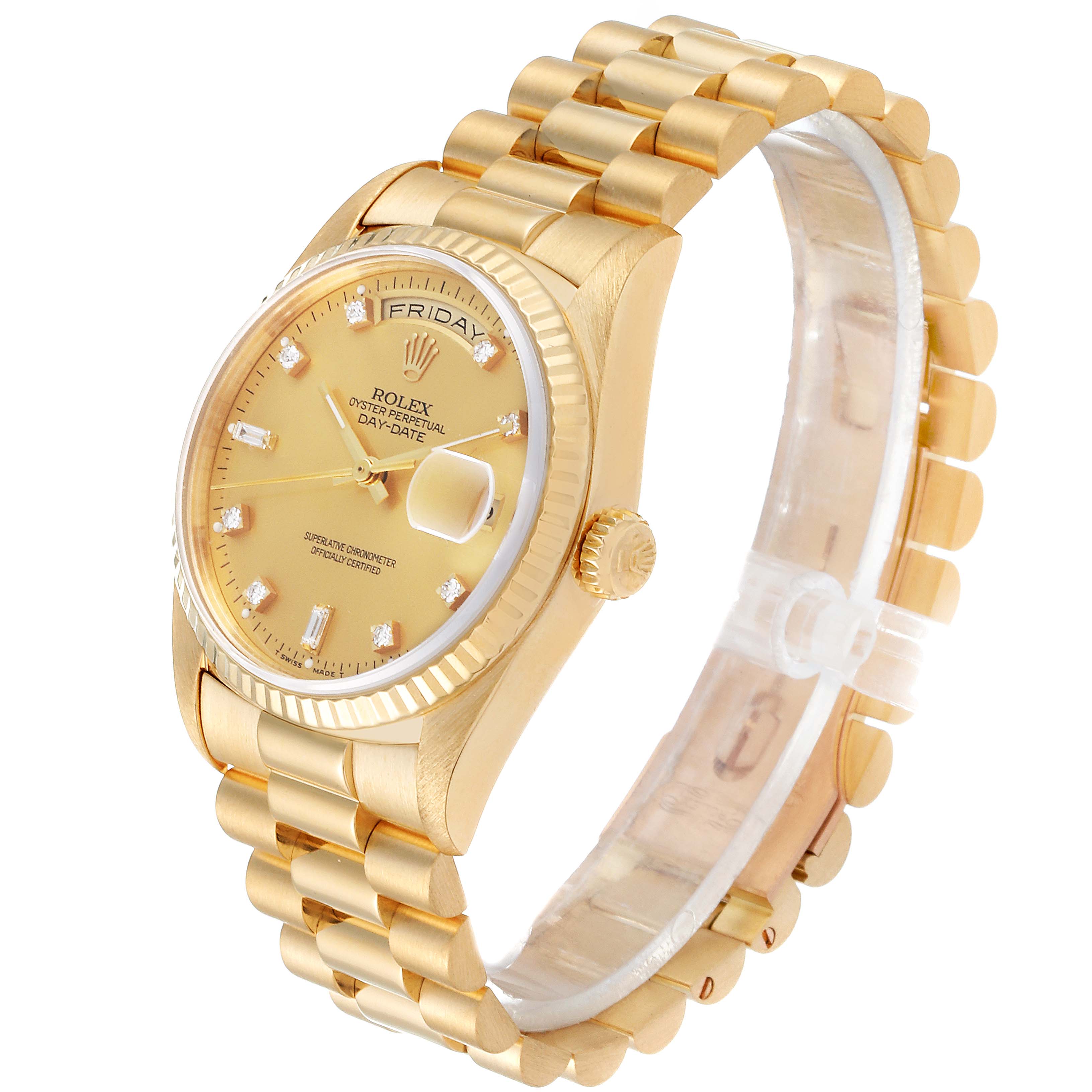 The image shows a side angle of a Rolex President 18238 Men
s Yellow Gold Champagne Dial 18238 Men
s Yellow Gold Champagne Dial model watch, highlighting its gold bracelet, crown, and dial.