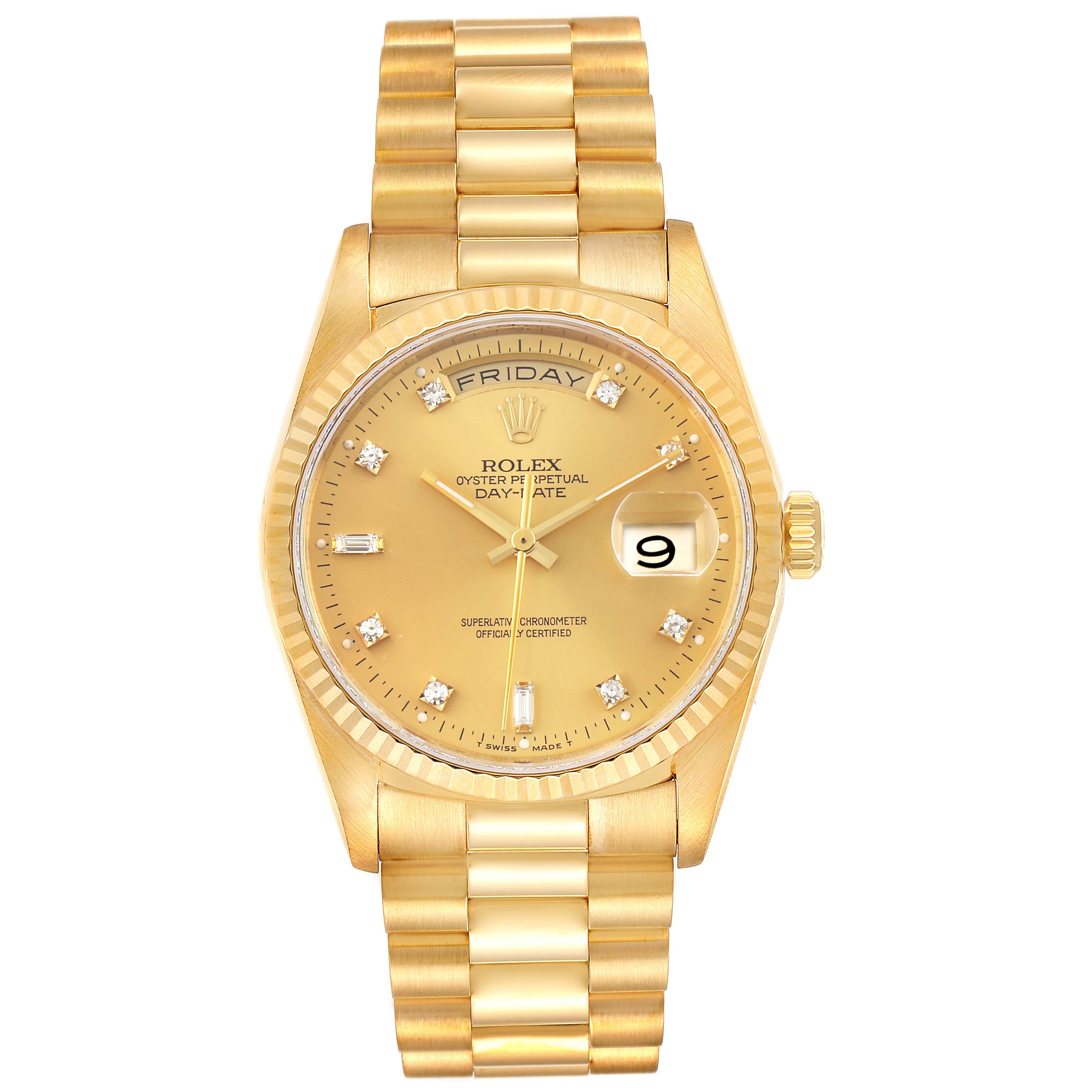 The image shows a front view of a Rolex President 18238 Men
s Yellow Gold Champagne Dial 18238 Men
s Yellow Gold Champagne Dial model watch, displaying the dial, bezel, bracelet, and day-date window.