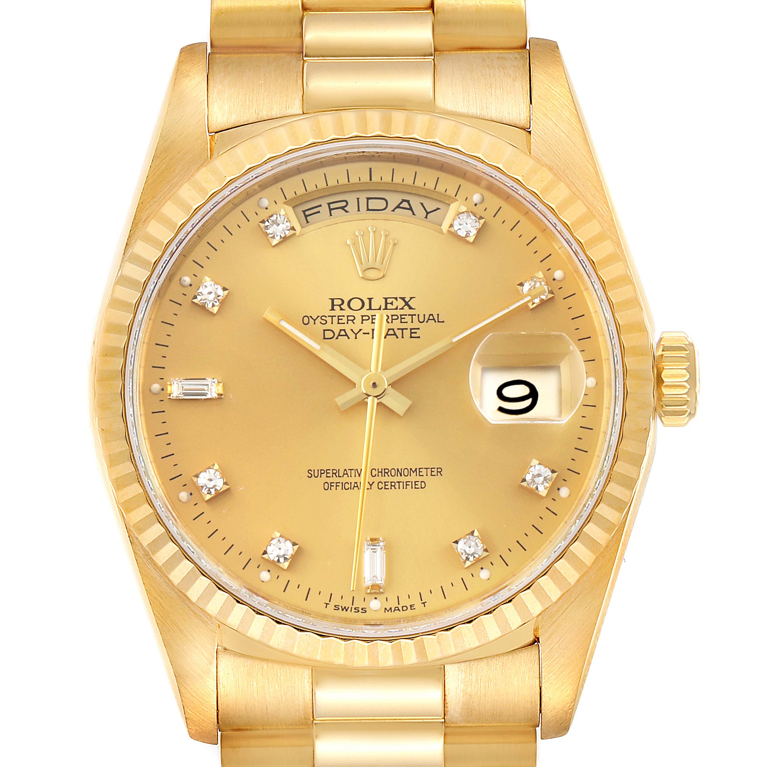 This image shows a frontal view of the Rolex President 18238 Men
s Yellow Gold Champagne Dial 18238 Men
s Yellow Gold Champagne Dial Day-Date watch, displaying its gold dial, day and date windows, and fluted bezel.