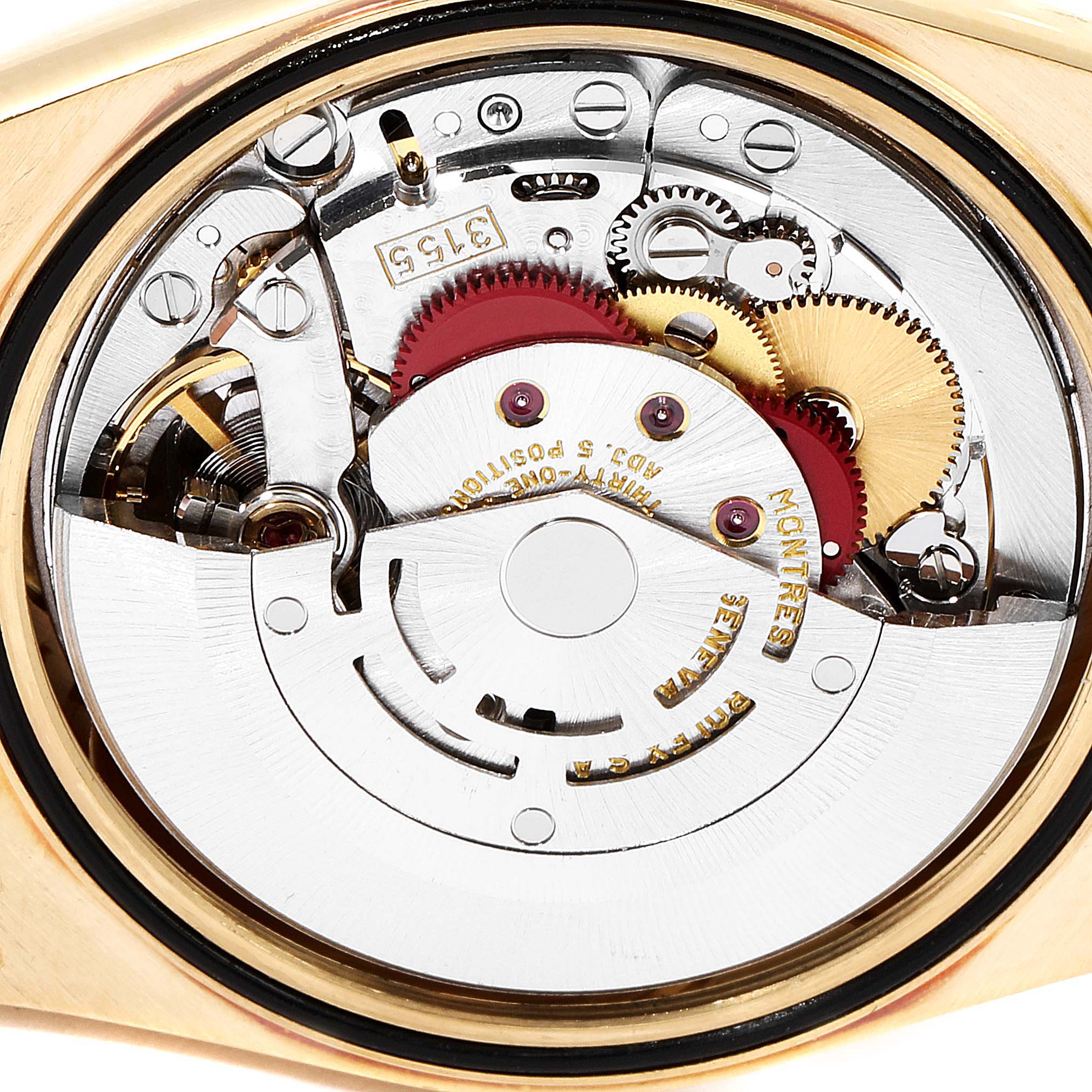 The image shows the internal mechanism of a Rolex President 18238 Men
s Yellow Gold Champagne Dial 18238 Men
s Yellow Gold Champagne Dial model watch, viewed from the back.