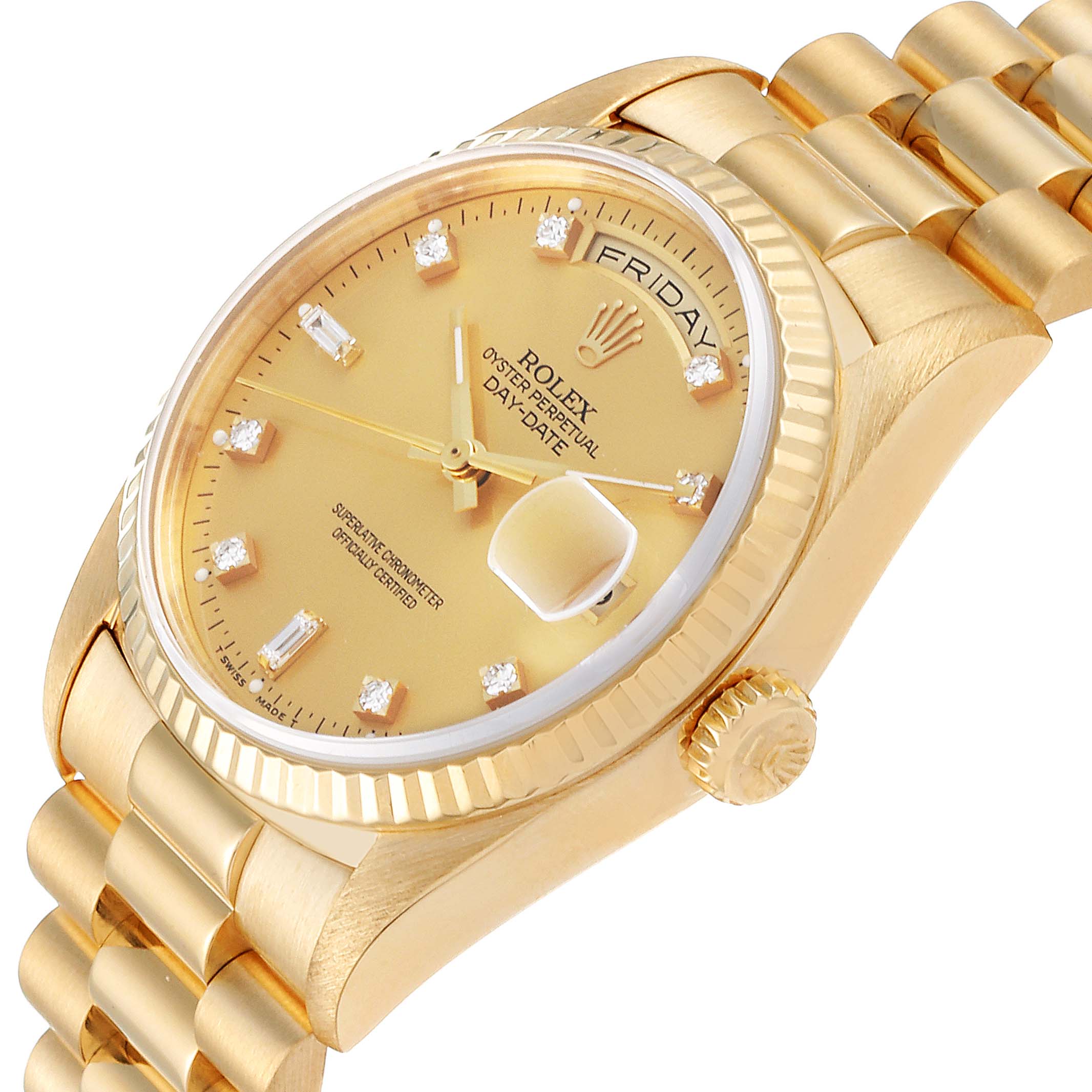 The image shows a side angle of a Rolex President 18238 Men
s Yellow Gold Champagne Dial 18238 Men
s Yellow Gold Champagne Dial model, highlighting the dial, crown, and bracelet.