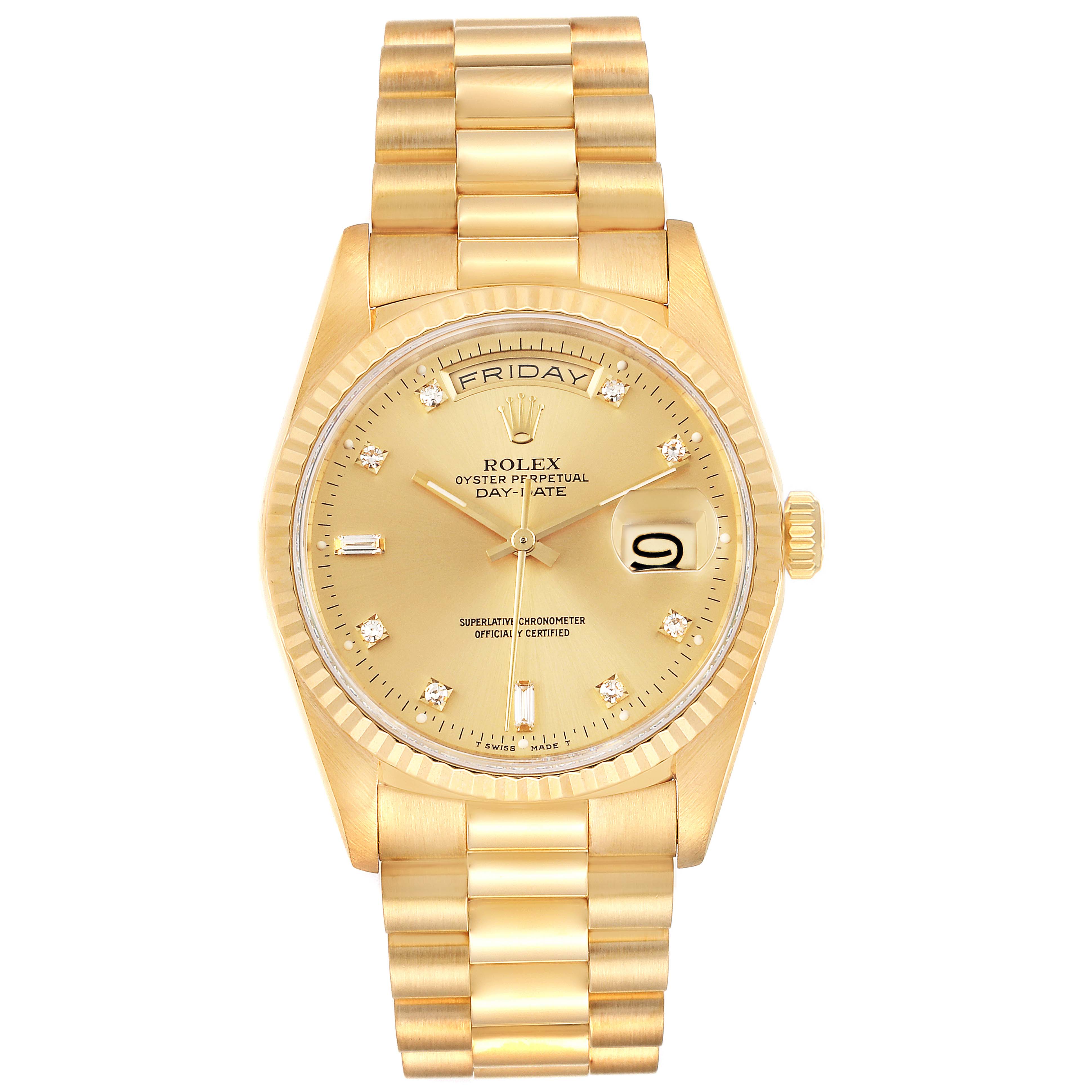 This image shows a front view of a Rolex President 18238 Men's Yellow Gold Champagne Dial 18238 Men's Yellow Gold Champagne Dial model watch, highlighting its gold band, dial, and day-date features.