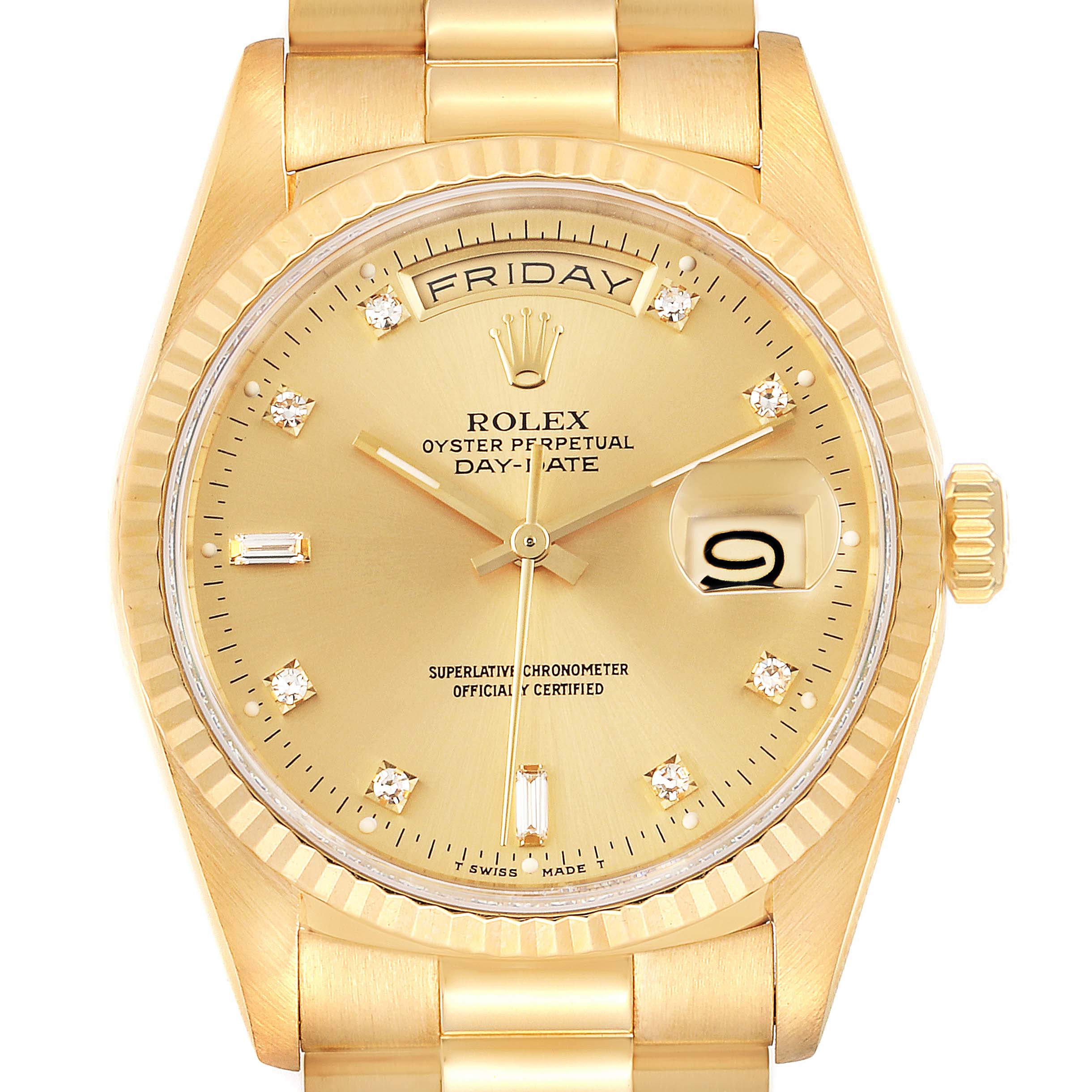 This image shows a front view of the Rolex President 18238 Men's Yellow Gold Champagne Dial 18238 Men's Yellow Gold Champagne Dial Oyster Perpetual Day-Date watch, highlighting the dial, hands, and bracelet.