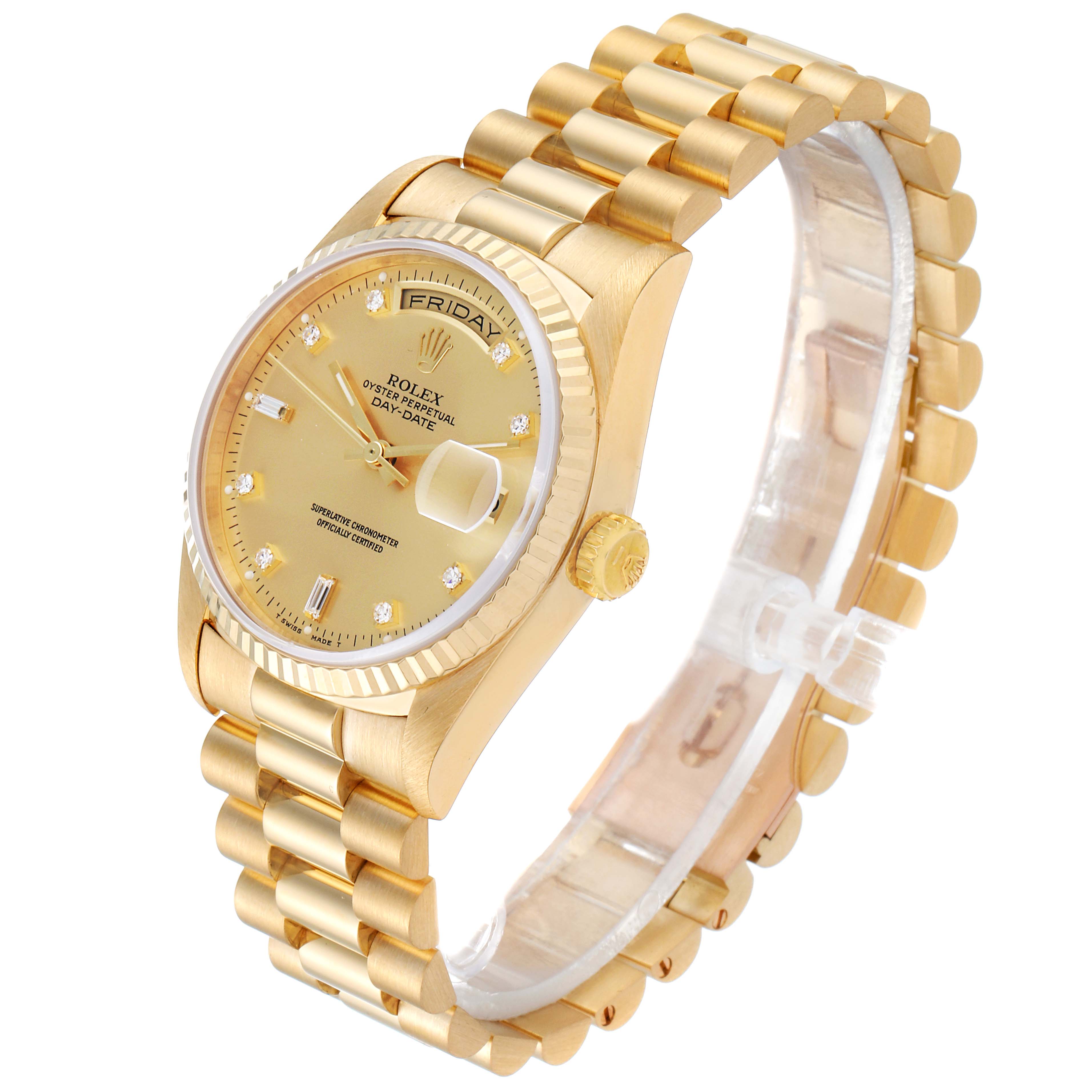 This image shows a Rolex President 18238 Men's Yellow Gold Champagne Dial 18238 Men's Yellow Gold Champagne Dial model watch at an oblique angle, displaying its gold bracelet, dial, bezel, and crown.