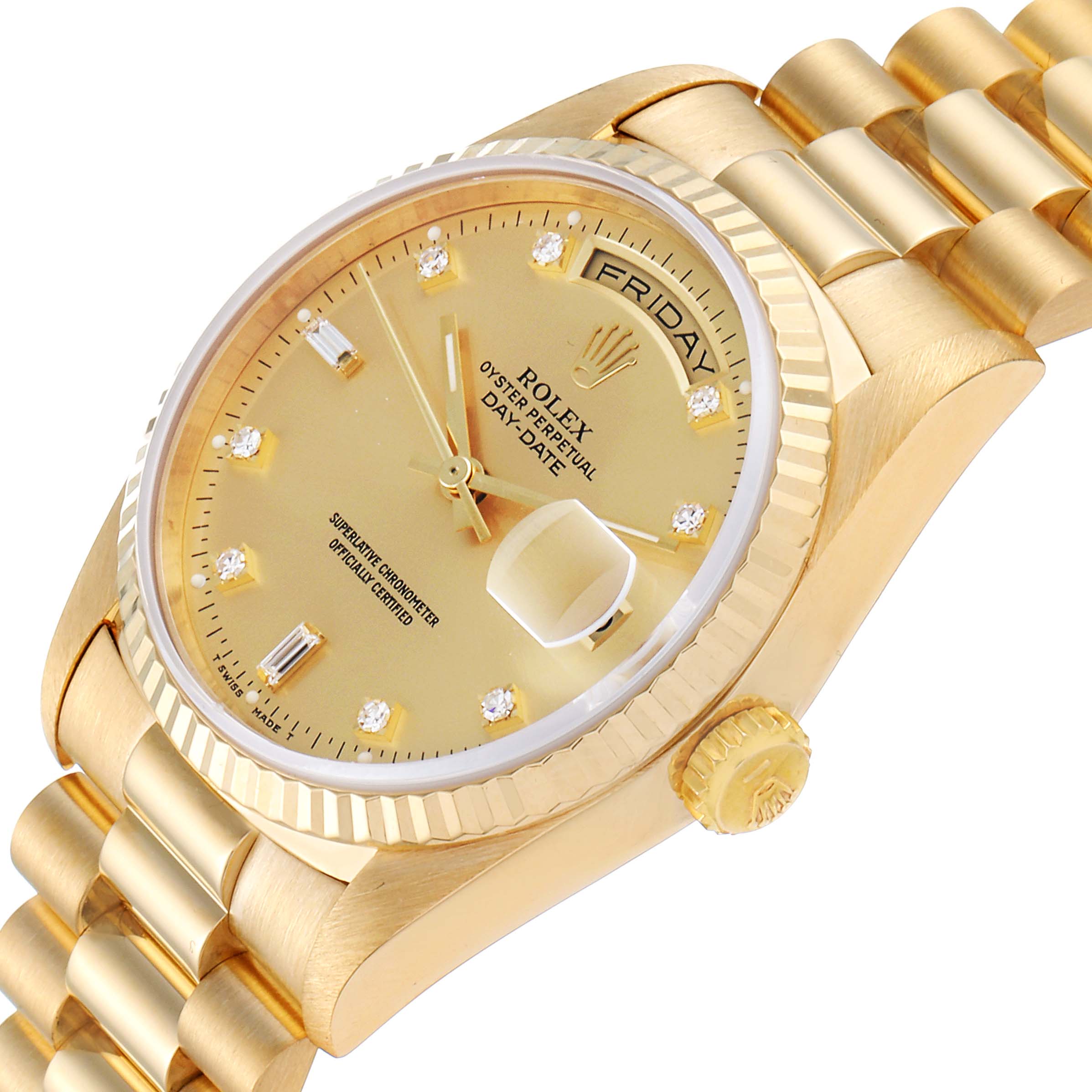 This image shows a partial side and front view of the Rolex President 18238 Men's Yellow Gold Champagne Dial 18238 Men's Yellow Gold Champagne Dial model watch, highlighting the dial, bezel, crown, and part of the bracelet.