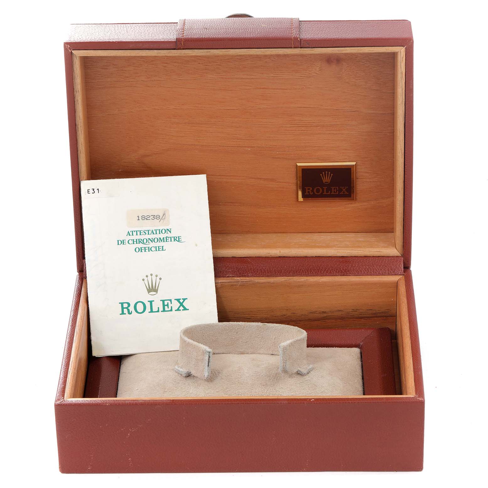 The image shows an open Rolex President 18238 Men's Yellow Gold Champagne Dial 18238 Men's Yellow Gold Champagne Dial model watch box, displaying the cushion and documentation inside.