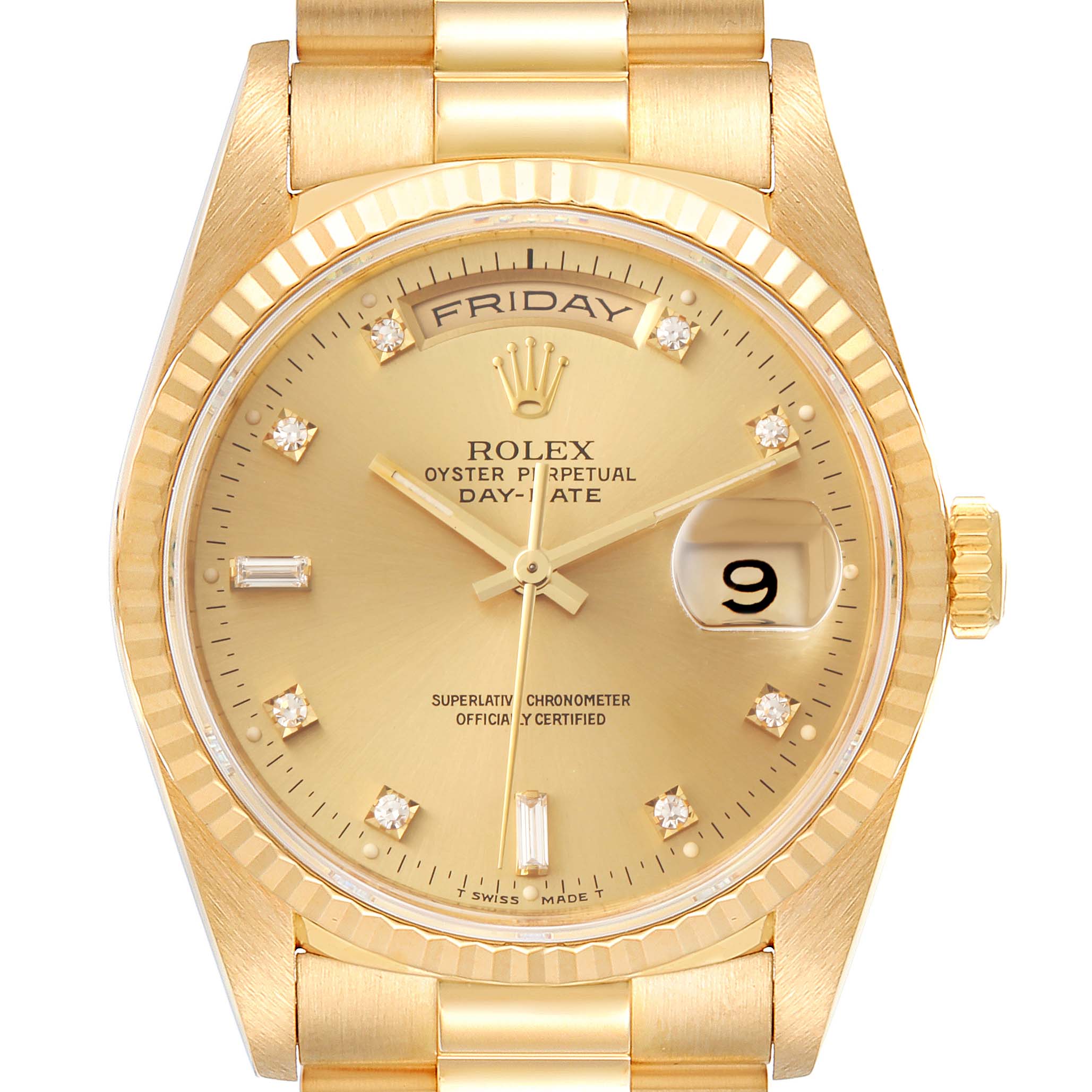 The image shows a frontal view of the Rolex President 18238 Men's Yellow Gold Champagne Dial 18238 Men's Yellow Gold Champagne Dial model watch, highlighting the dial, day, and date features.