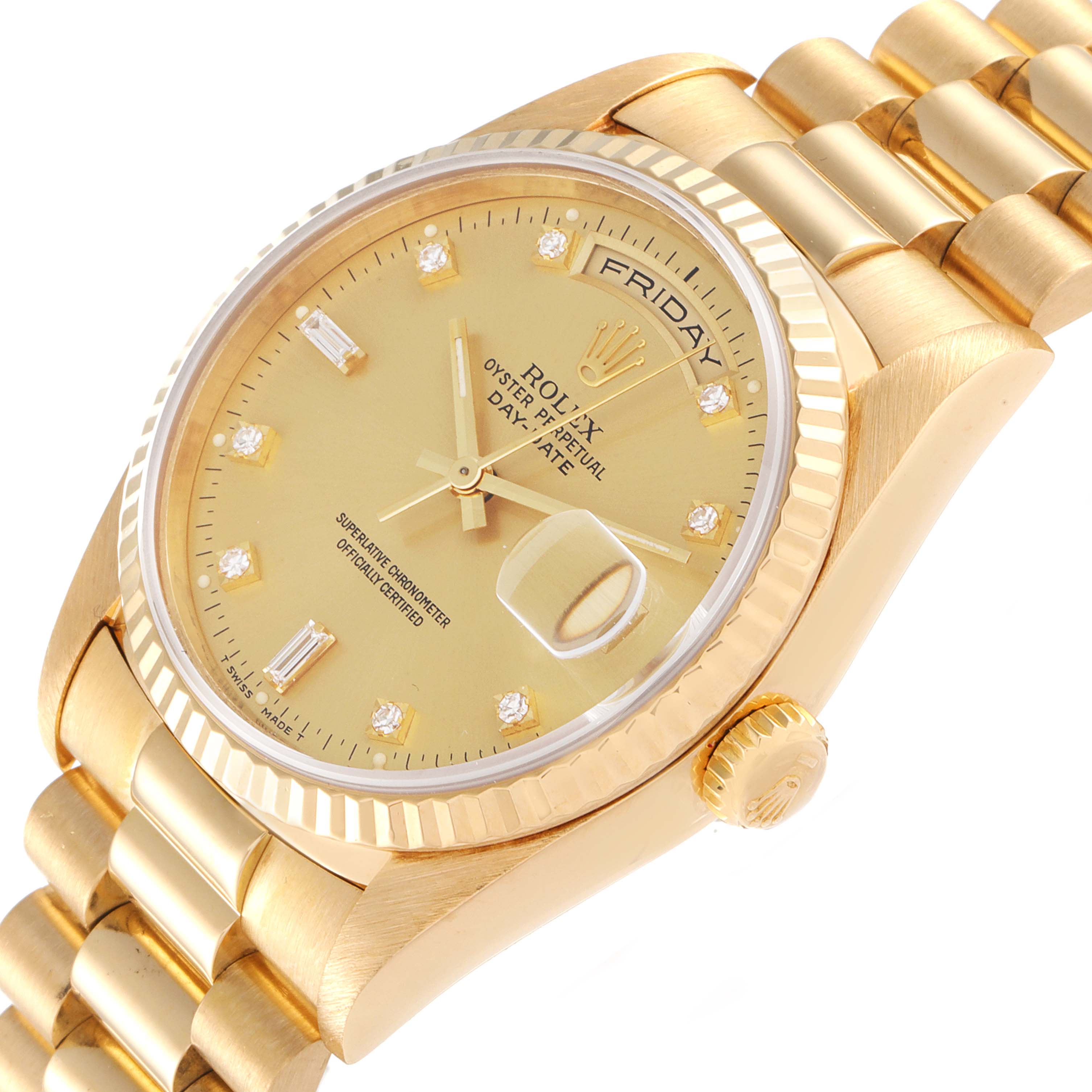 The image shows the Rolex President 18238 Men's Yellow Gold Champagne Dial 18238 Men's Yellow Gold Champagne Dial watch at an angle, highlighting the dial, bezel, crown, and part of the bracelet.