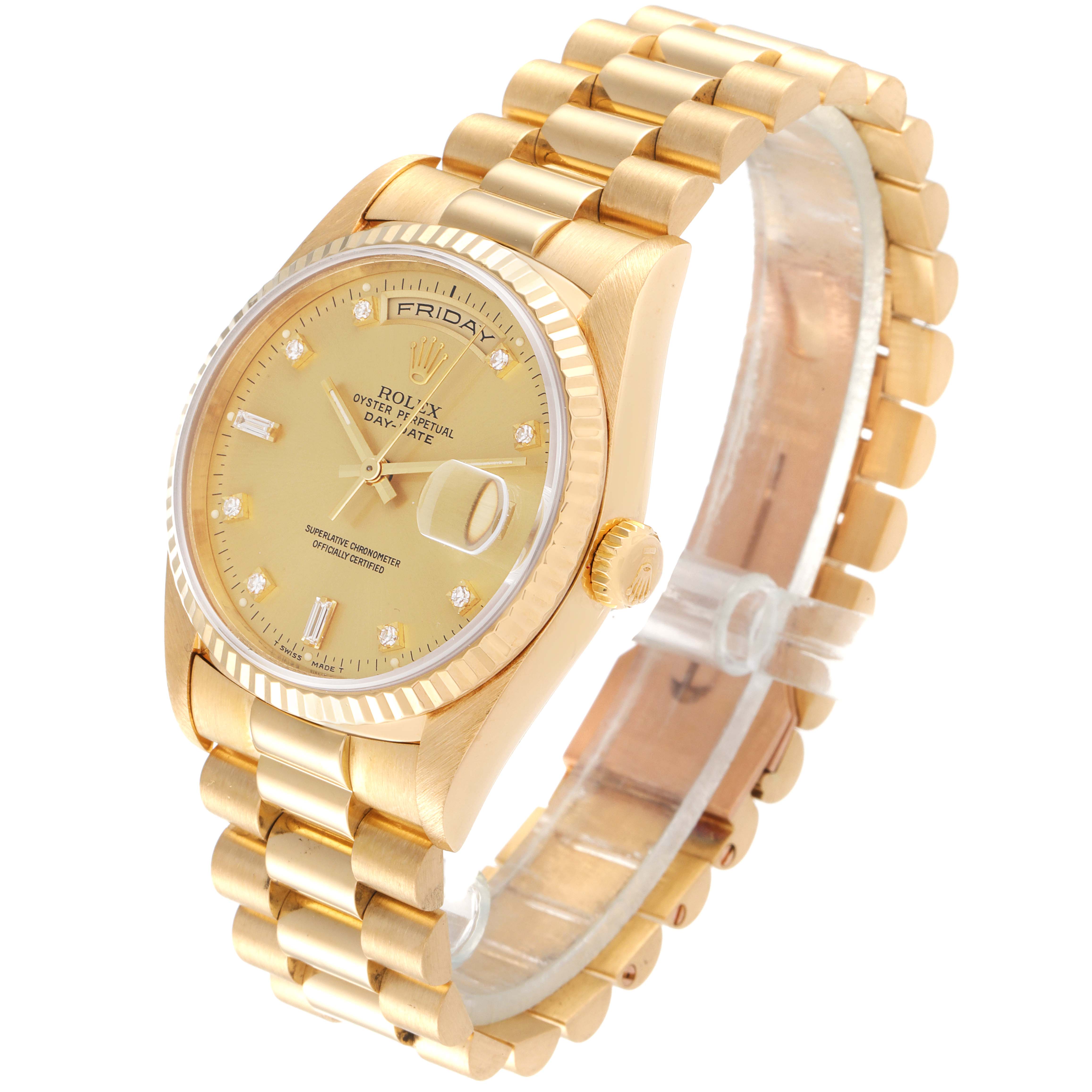 This image shows a Rolex President 18238 Men's Yellow Gold Champagne Dial 18238 Men's Yellow Gold Champagne Dial model watch, depicting the dial, case, crown, and bracelet from an angled top-side view.