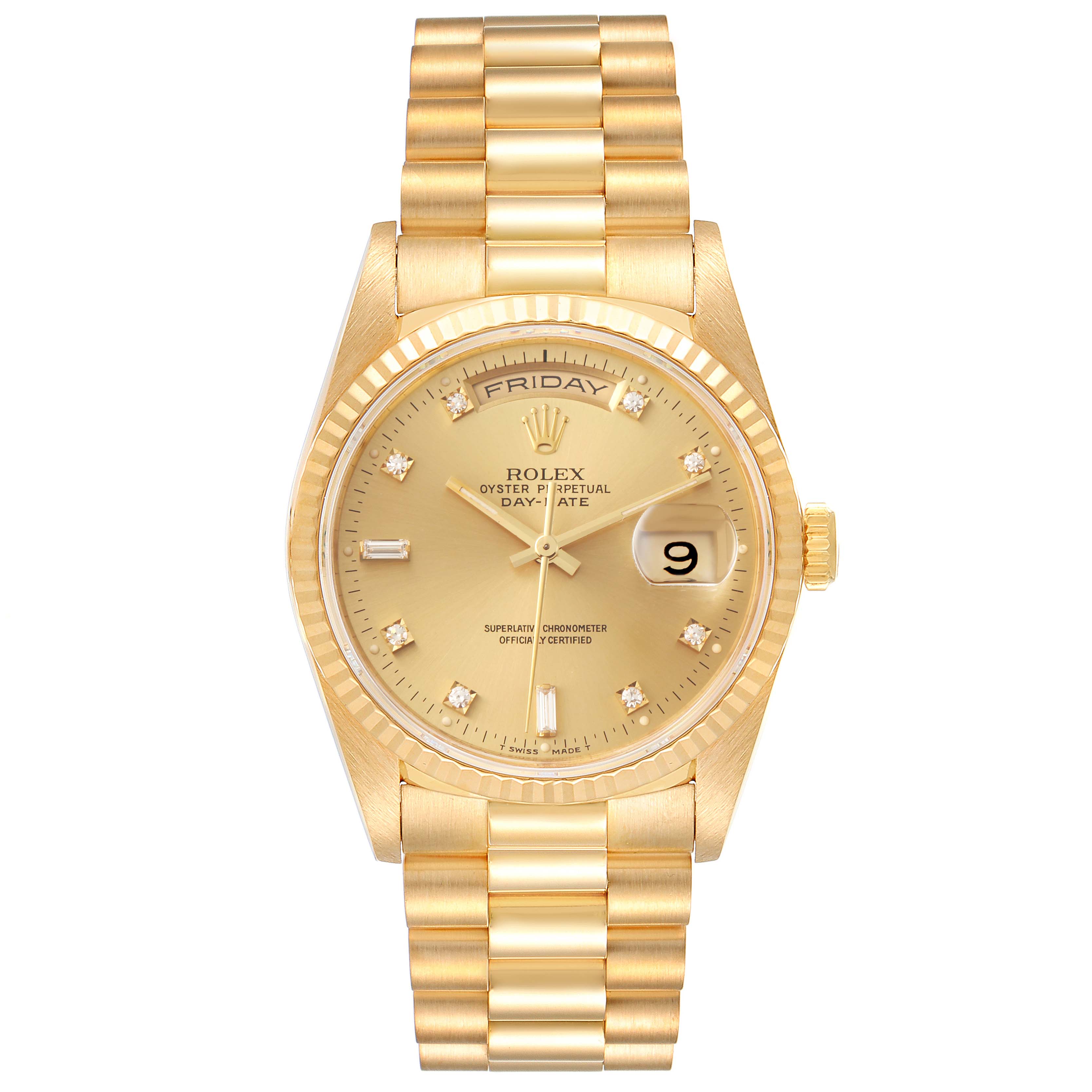 The image shows a frontal view of the Rolex President 18238 Men's Yellow Gold Champagne Dial 18238 Men's Yellow Gold Champagne Dial model watch, displaying its gold case, bracelet, and dial.