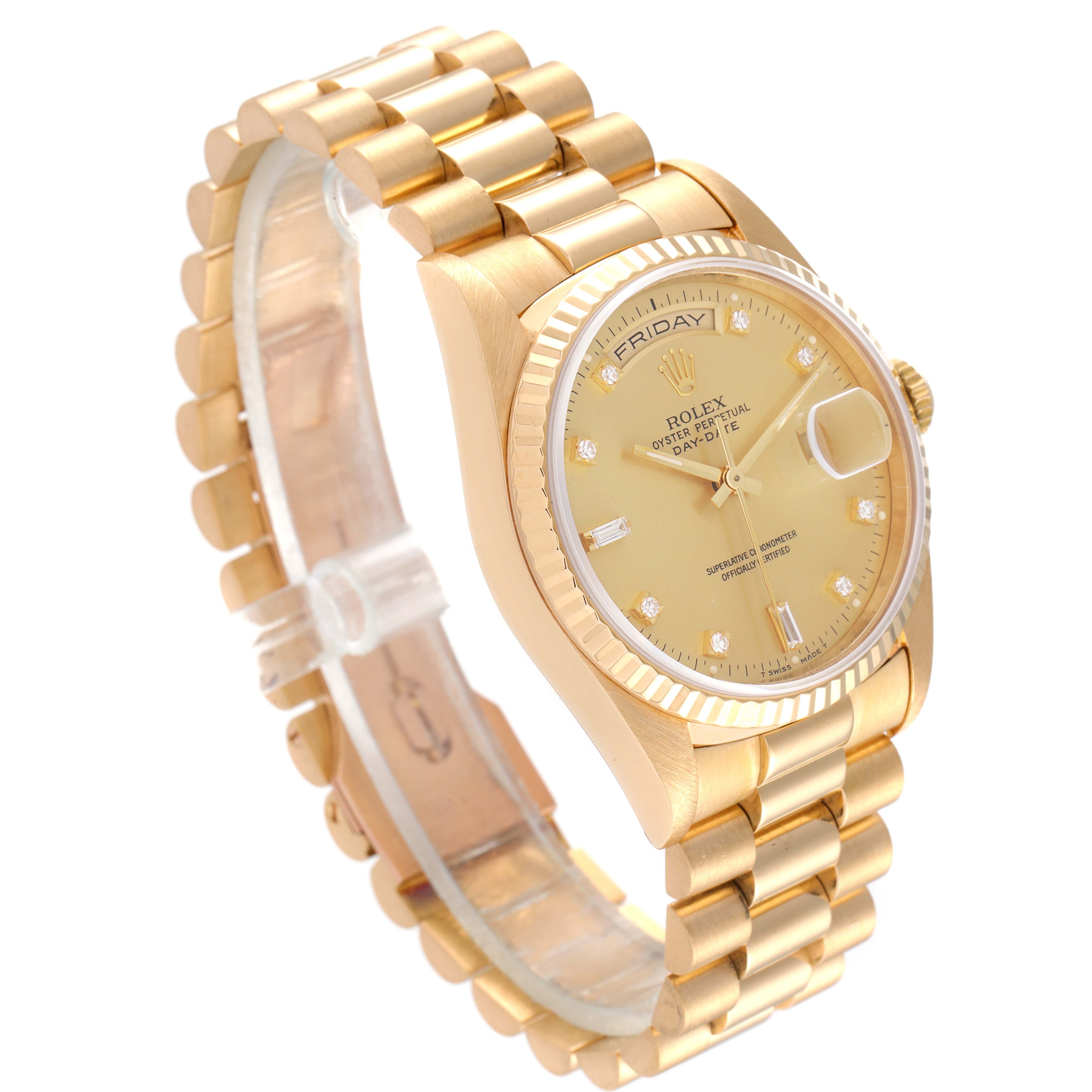 The image shows a Rolex President 18238 Men's Yellow Gold Champagne Dial 18238 Men's Yellow Gold Champagne Dial model watch angled from the top left, highlighting the dial, bracelet, and day-date display.