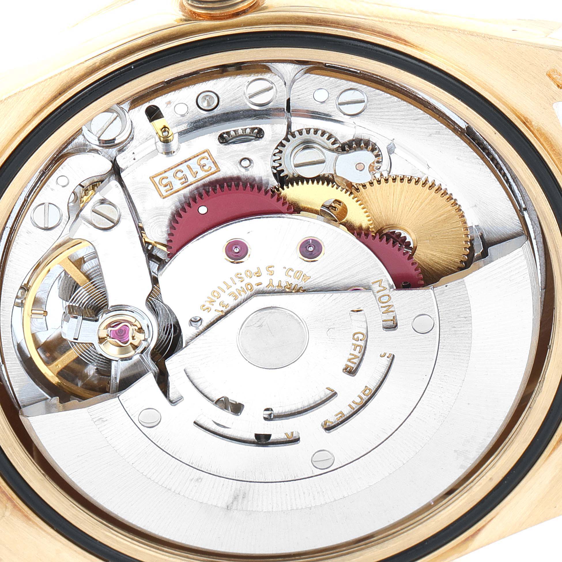 The image shows the internal movement parts of a Rolex President 18238 Men's Yellow Gold Champagne Dial 18238 Men's Yellow Gold Champagne Dial model watch, viewed from the back.