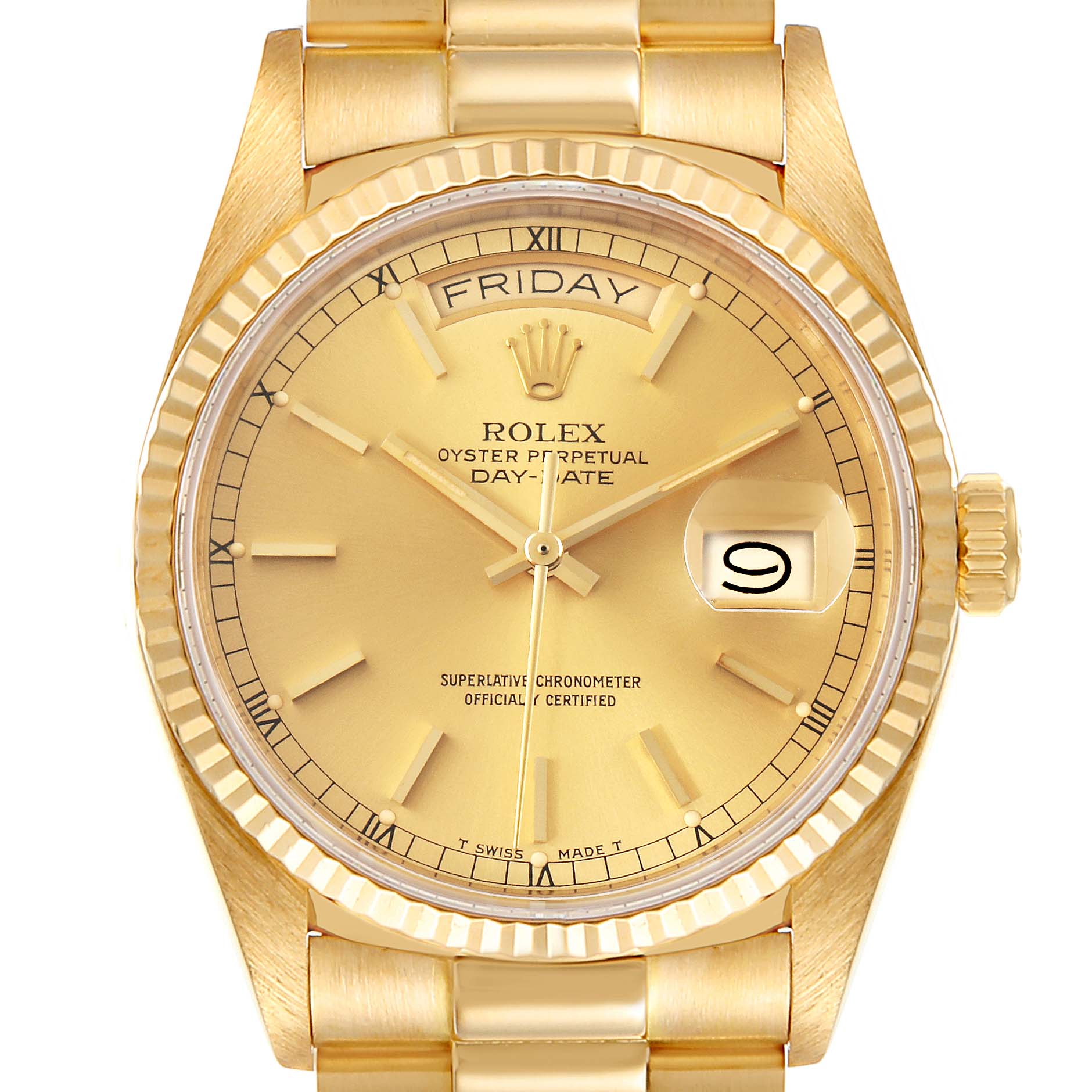 This image shows a front view of the Rolex President 18038 Men
s Yellow Gold Champagne Dial 18038 Men
s Yellow Gold Champagne Dial Day-Date watch, highlighting the face, bezel, and bracelet.