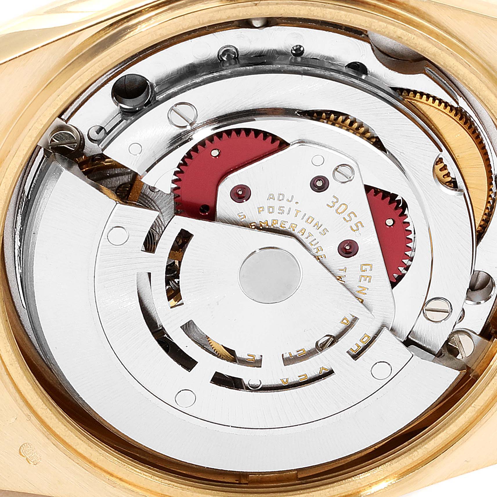 This image shows the internal mechanism and movement of a Rolex President 18038 Men
s Yellow Gold Champagne Dial 18038 Men
s Yellow Gold Champagne Dial model watch from an overhead angle, focusing on its intricate components.