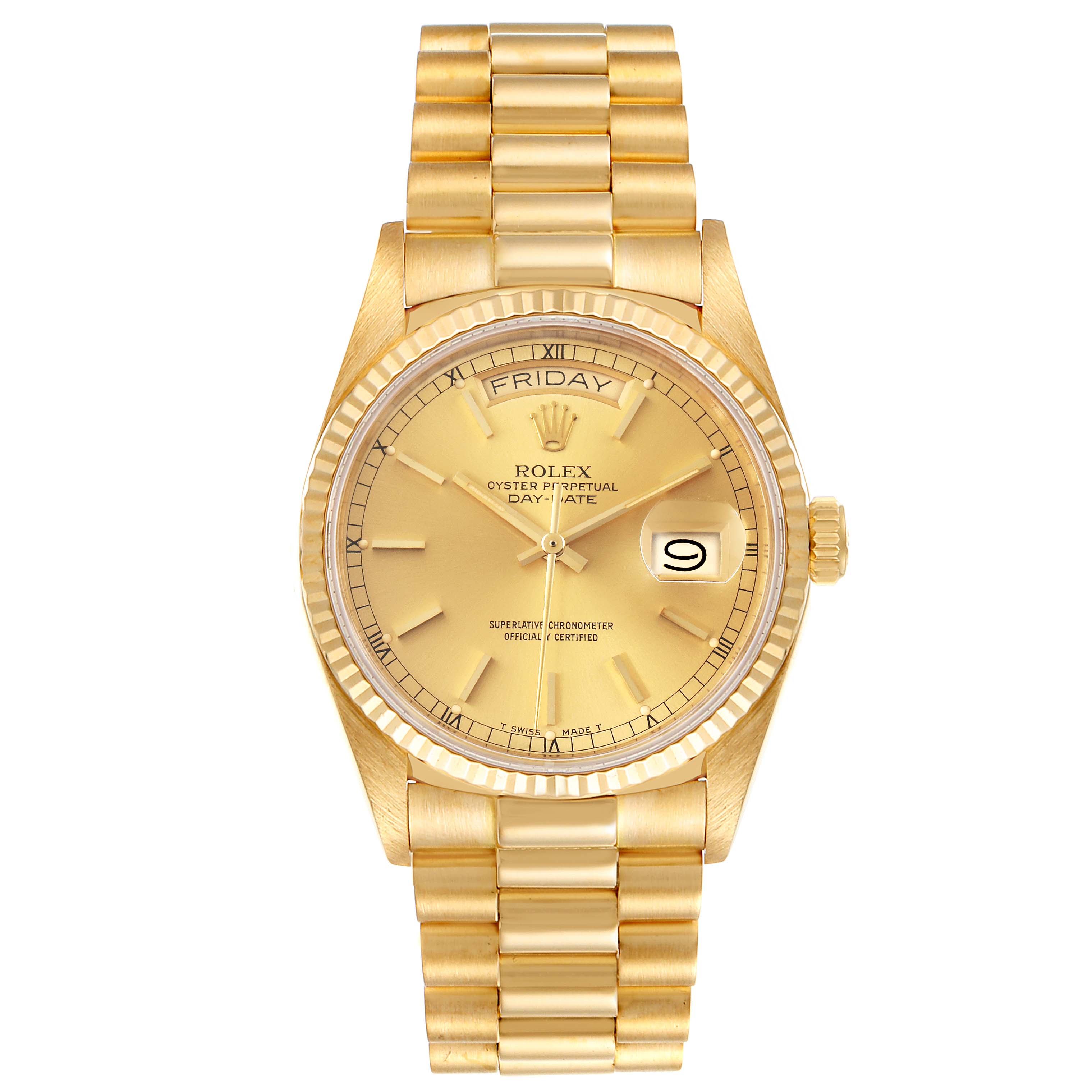 The image shows a front view of a Rolex President 18038 Men
s Yellow Gold Champagne Dial 18038 Men
s Yellow Gold Champagne Dial watch, highlighting the gold case, dial, bracelet, and day-date display.