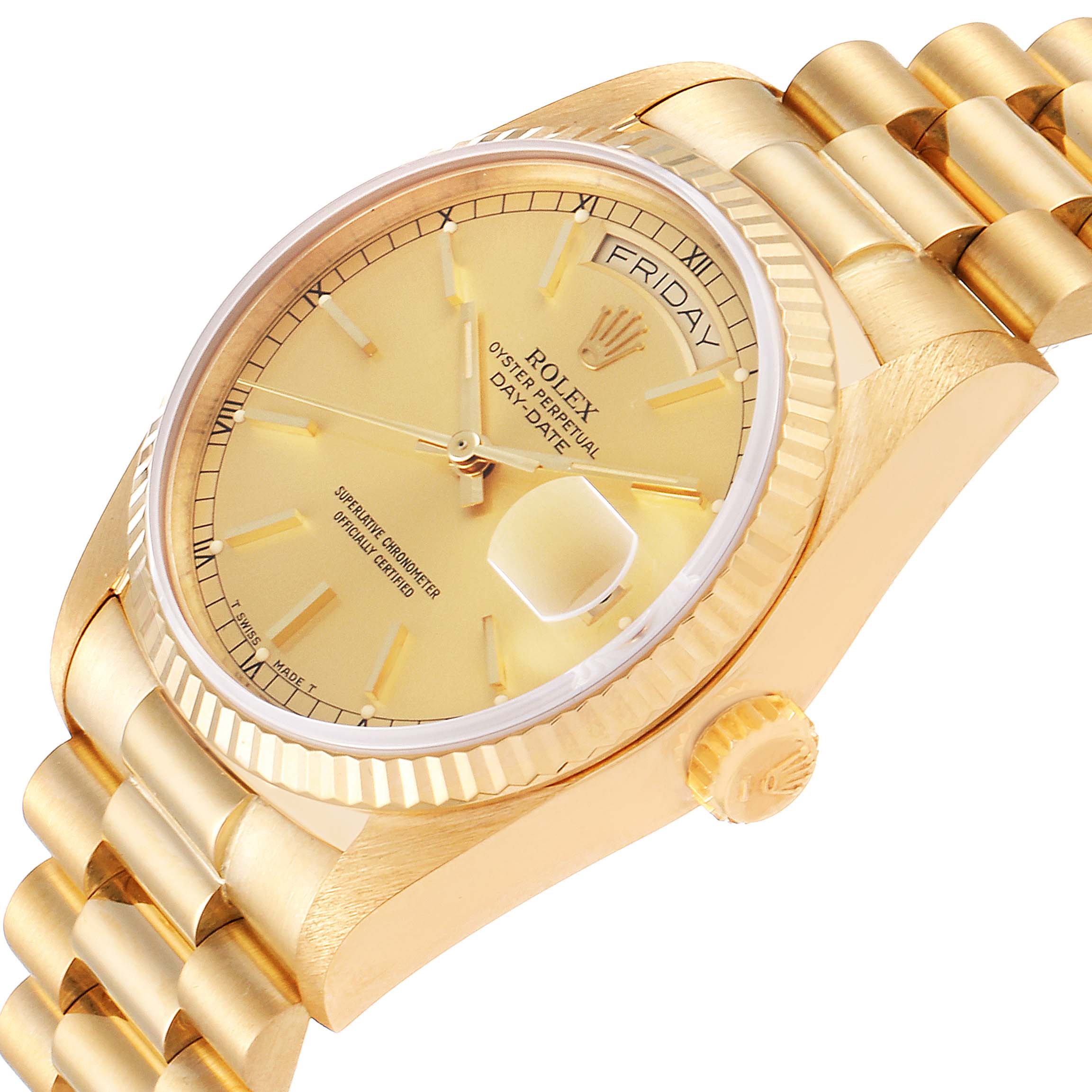 This image shows a Rolex President 18038 Men
s Yellow Gold Champagne Dial 18038 Men
s Yellow Gold Champagne Dial model watch at a slight angle, highlighting the face, bezel, and part of the bracelet.