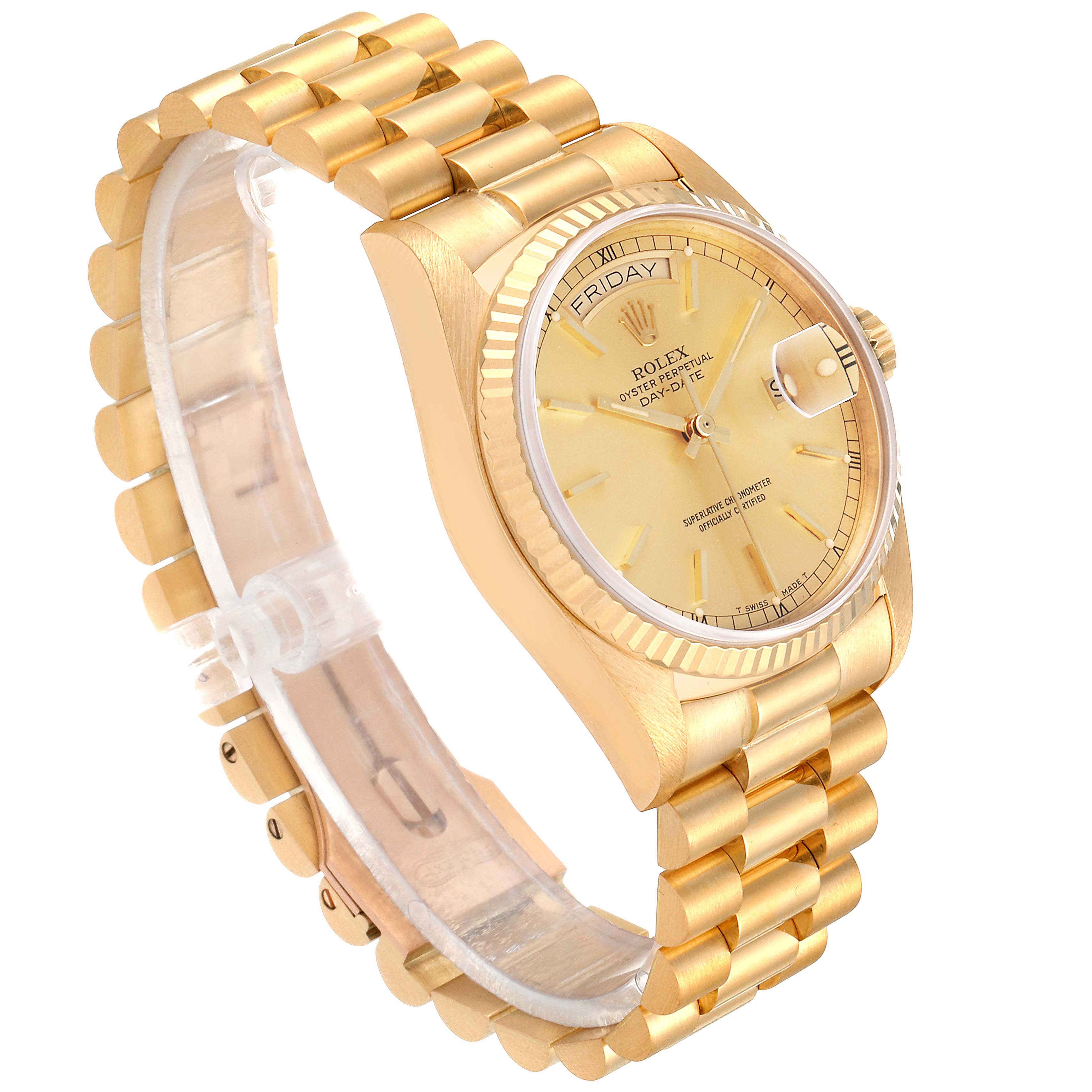 The image shows a side view of the Rolex President 18038 Men
s Yellow Gold Champagne Dial 18038 Men
s Yellow Gold Champagne Dial model watch, highlighting its gold bracelet and dial with a day-date display.