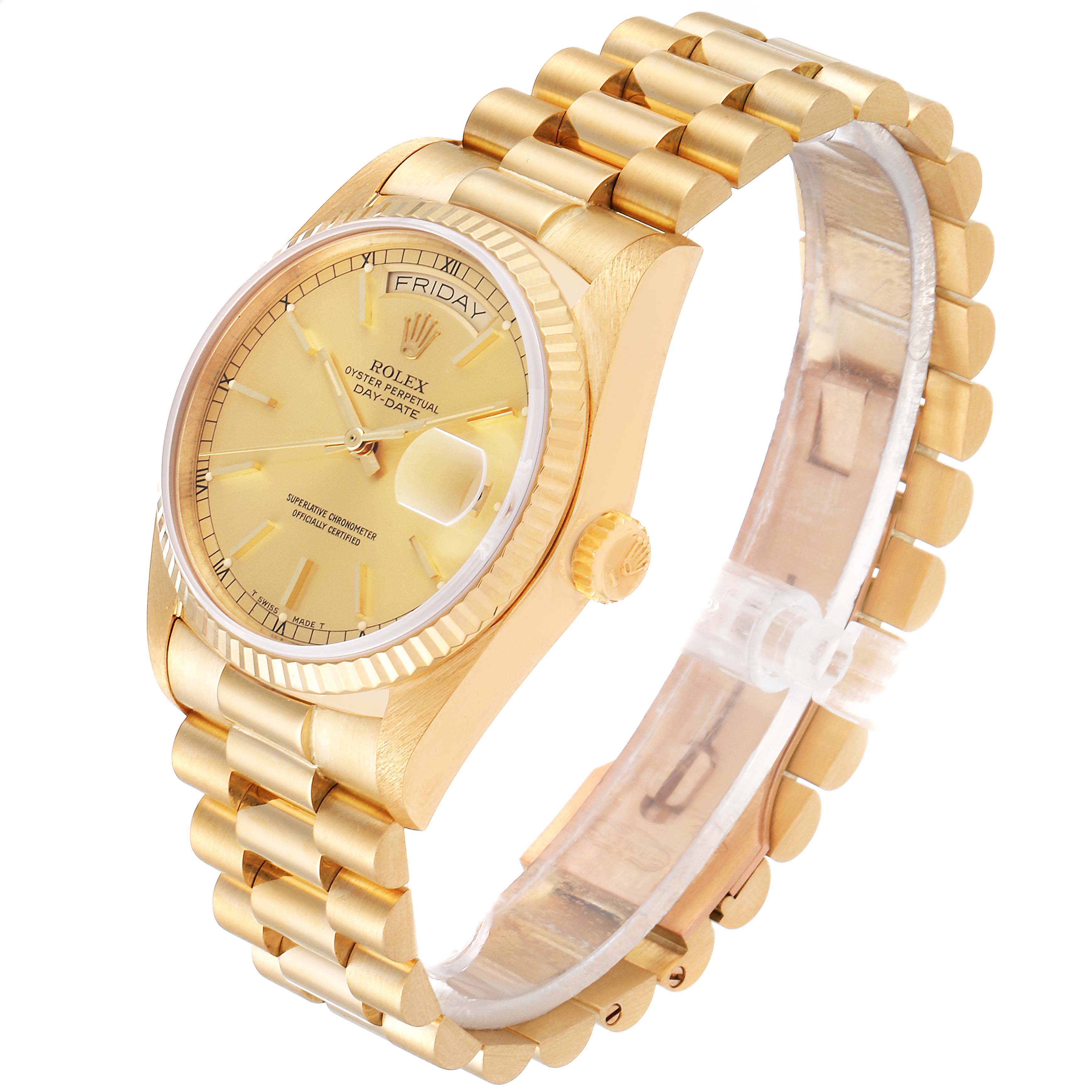 The image shows a Rolex President 18038 Men
s Yellow Gold Champagne Dial 18038 Men
s Yellow Gold Champagne Dial model watch from an angled side view, displaying the face, bezel, crown, and band.
