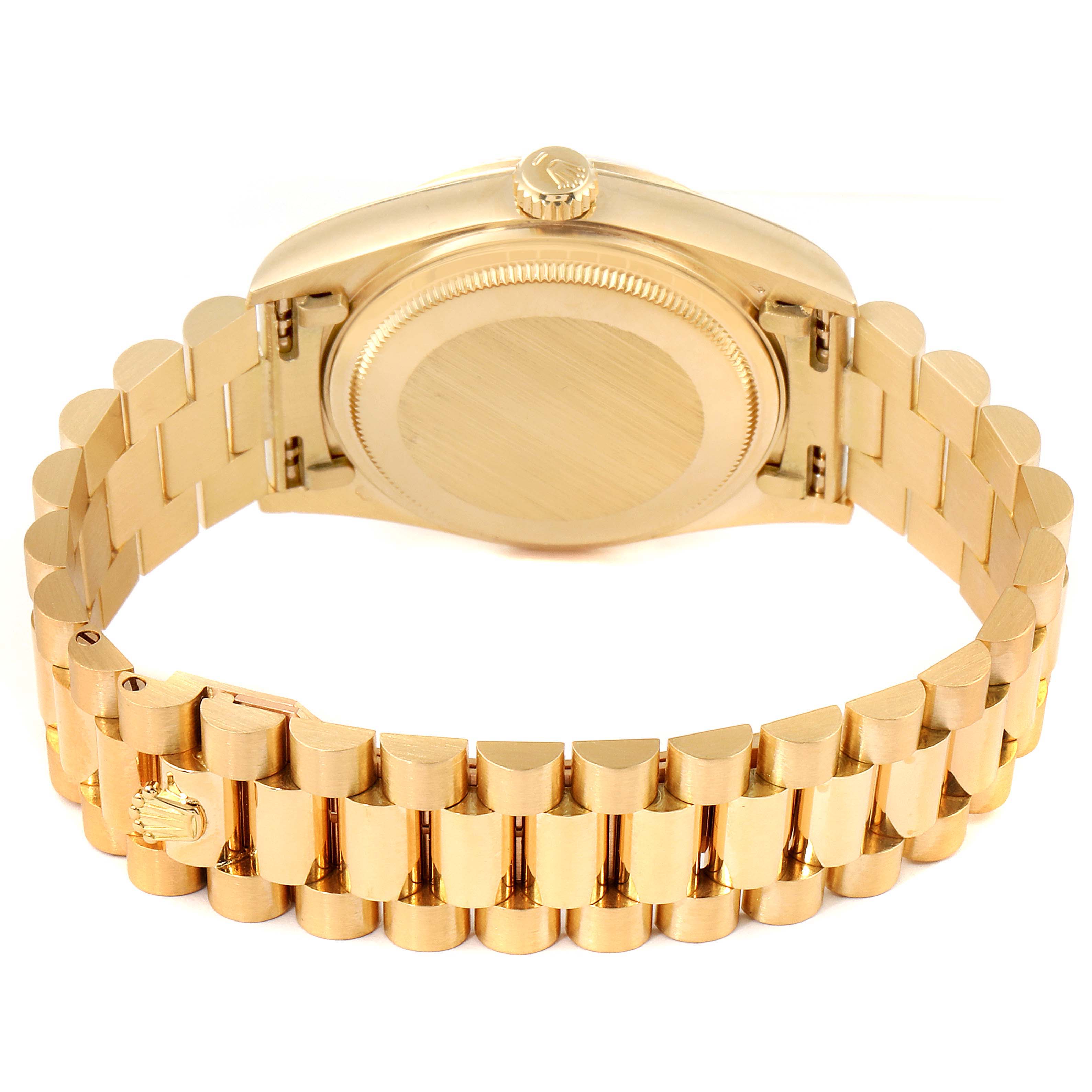 This image shows the back case and bracelet of a Rolex President 18038 Men
s Yellow Gold Champagne Dial 18038 Men
s Yellow Gold Champagne Dial model watch from a rear angle.