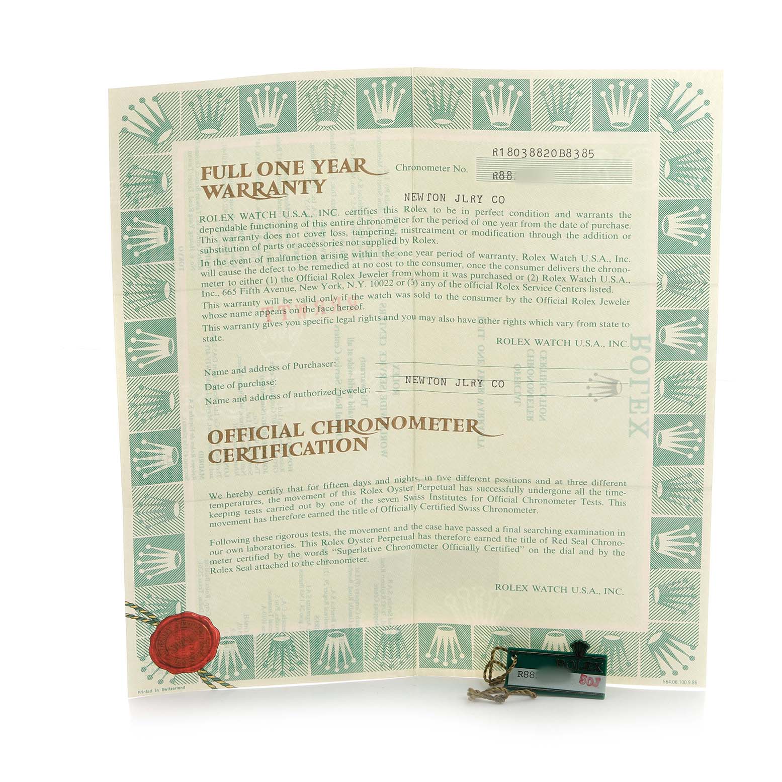 The image shows a warranty and chronometer certification for the Rolex President 18038 Men's Yellow Gold Champagne Dial model, including tags and registration details.