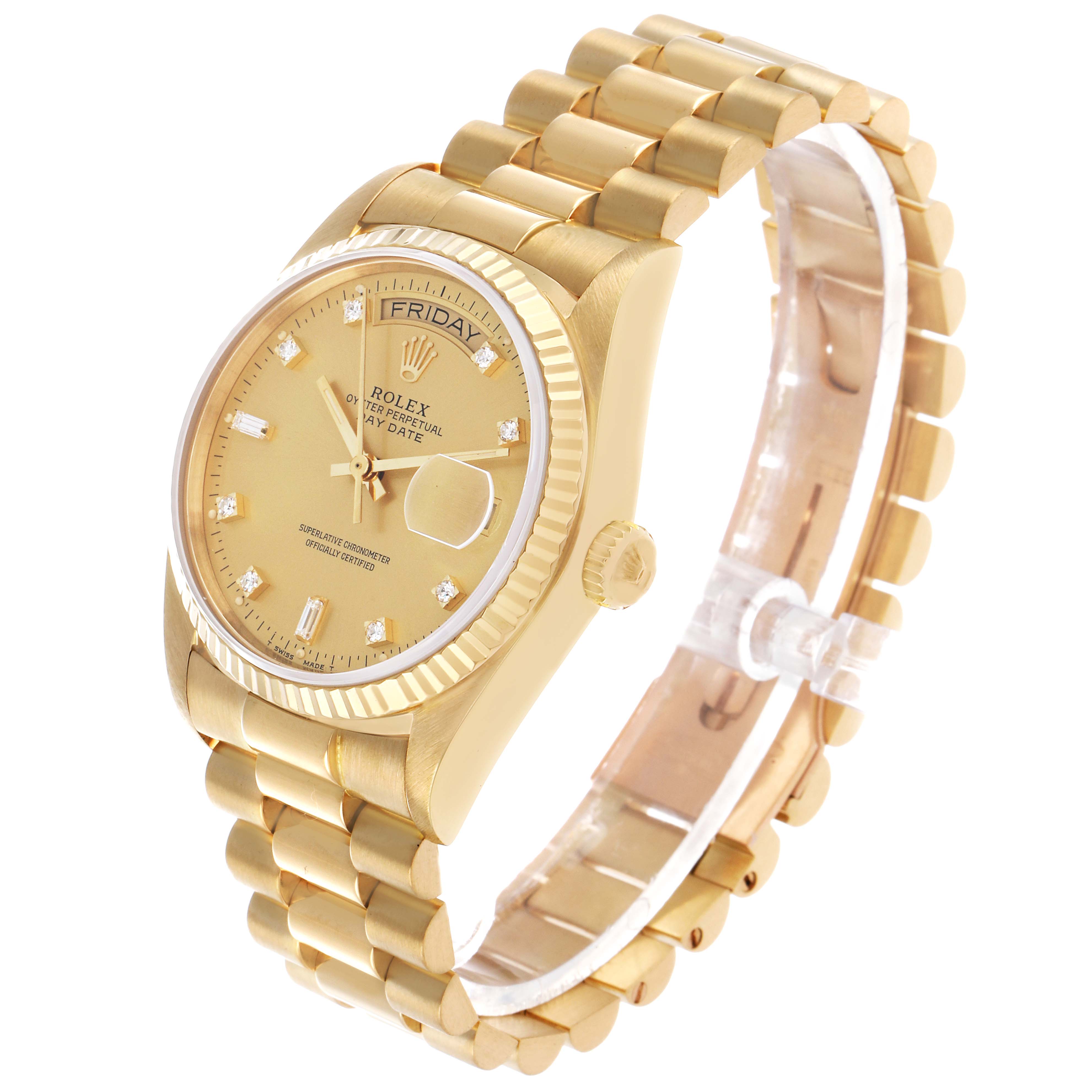 The Rolex President 18038 Men's Yellow Gold Champagne Dial model is shown at a 3/4 angle, displaying the full face, crown, and part of the bracelet.