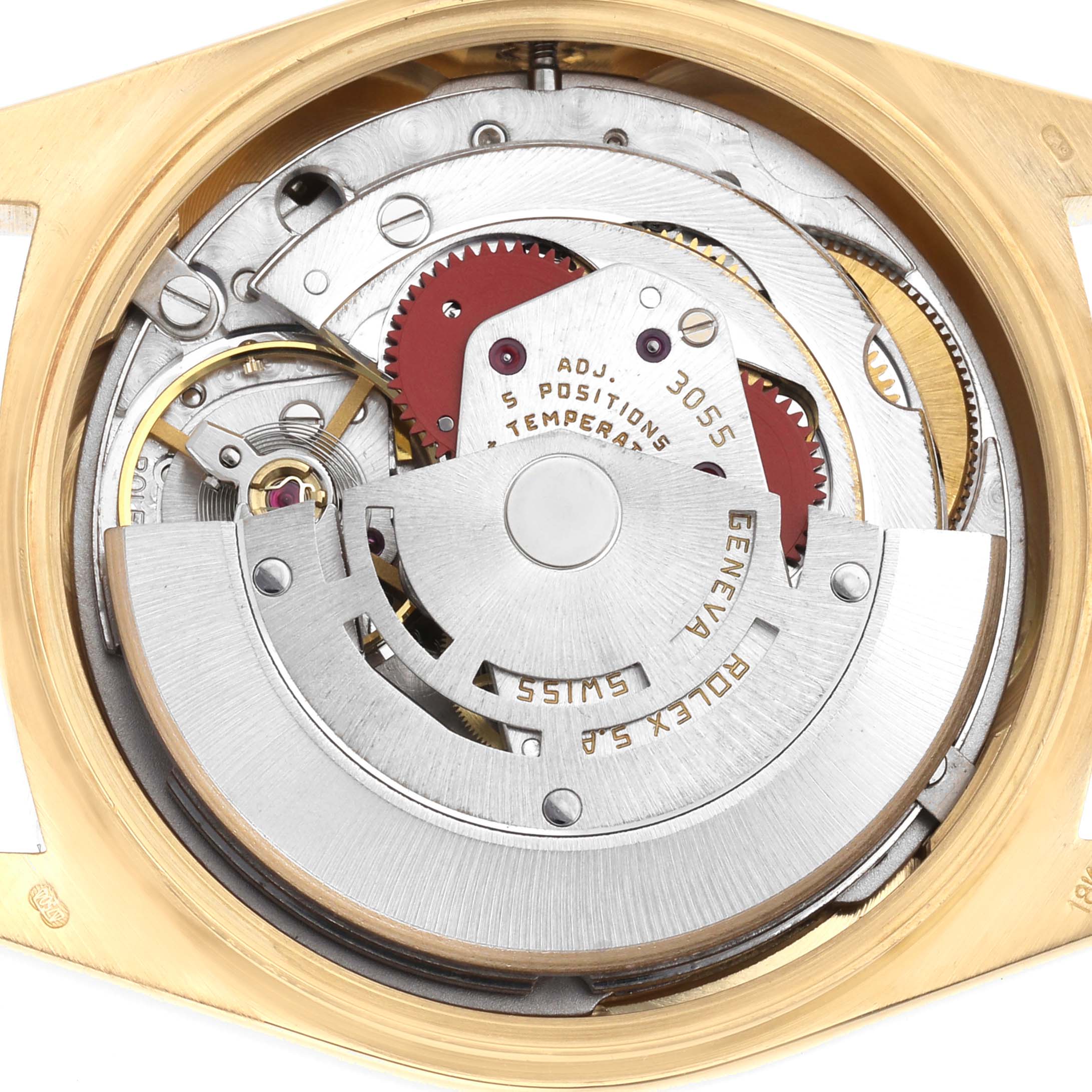 The image shows the intricate movement and internal components of a Rolex President 18038 Men's Yellow Gold Champagne Dial watch from the back.
