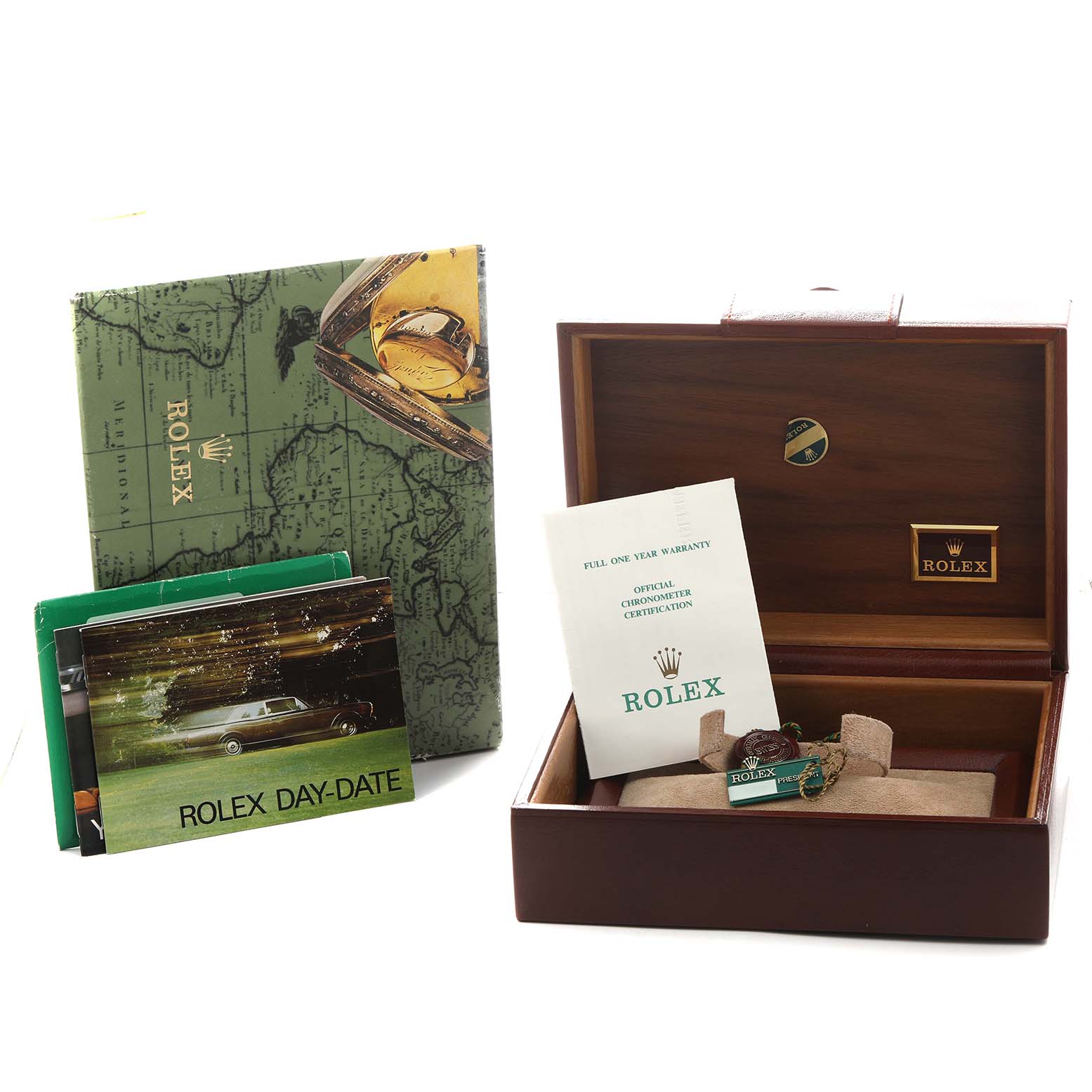 The image shows a Rolex President 18038 Men's Yellow Gold Champagne Dial watch box set with brochures and certificates displayed at an angle.