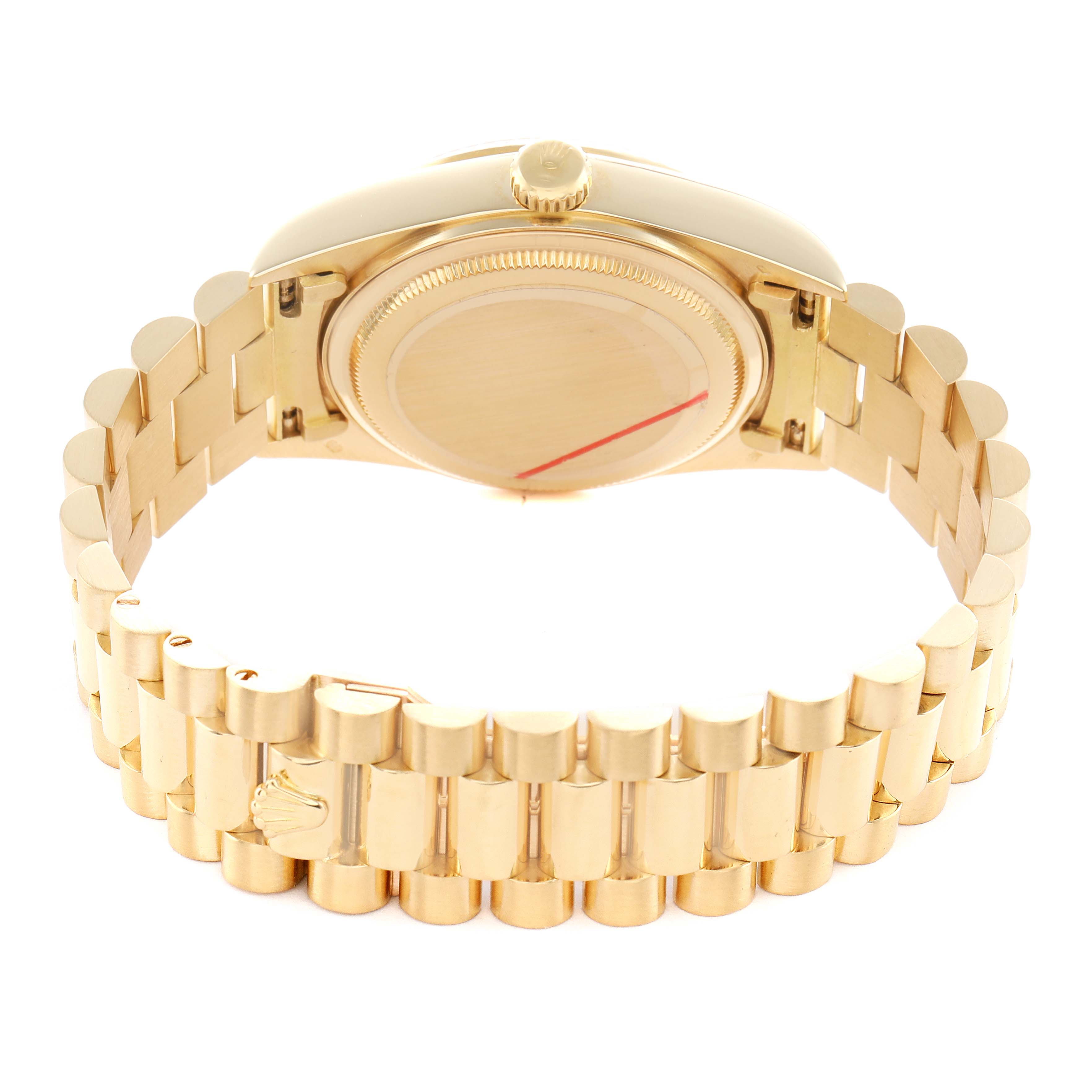 The image shows the back of a Rolex President 18038 Men's Yellow Gold Champagne Dial model watch, highlighting the case back, crown, and bracelet.