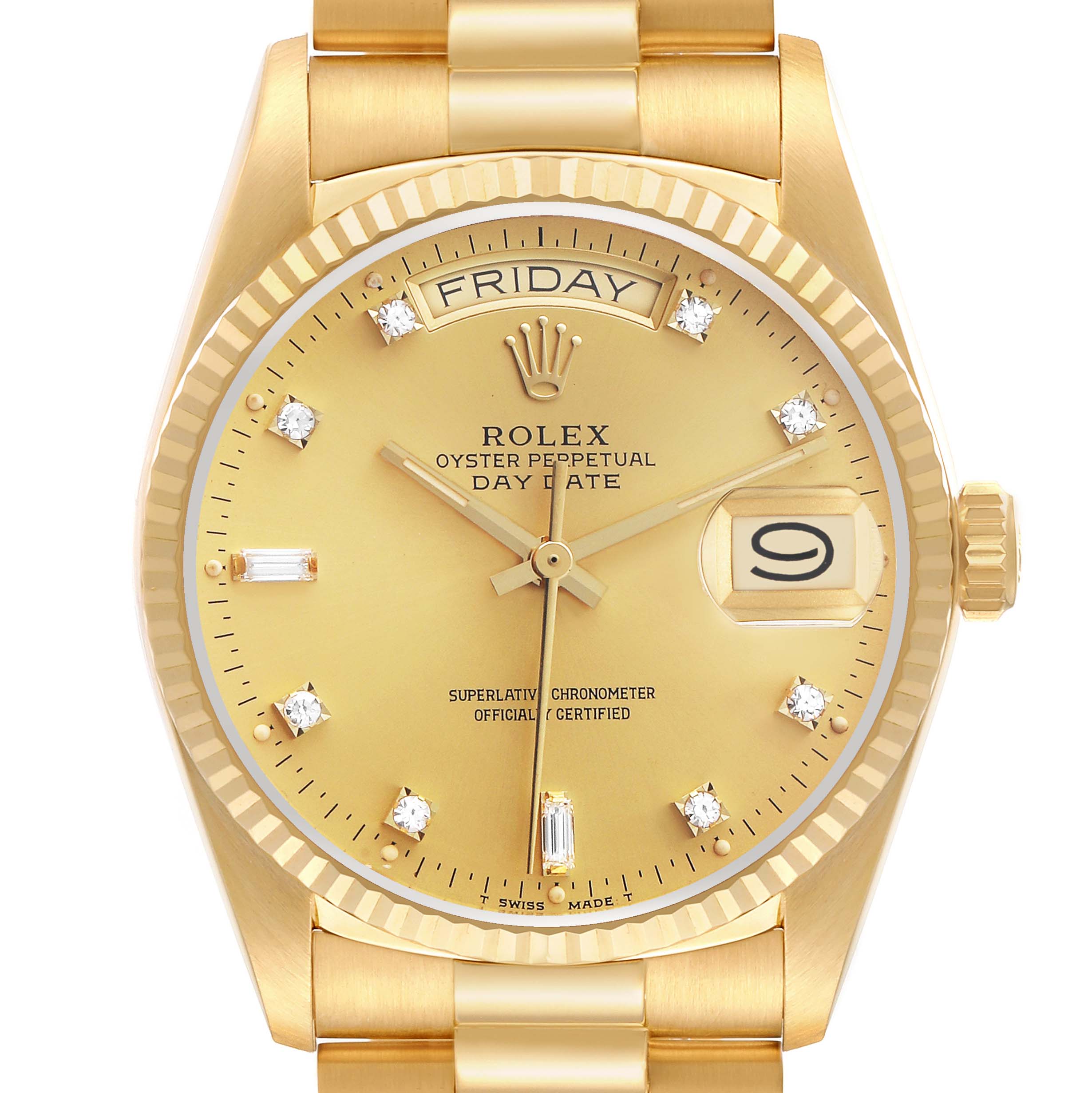 The image shows a frontal view of the Rolex President 18038 Men's Yellow Gold Champagne Dial model, highlighting the dial, bezel, crown, and part of the bracelet.