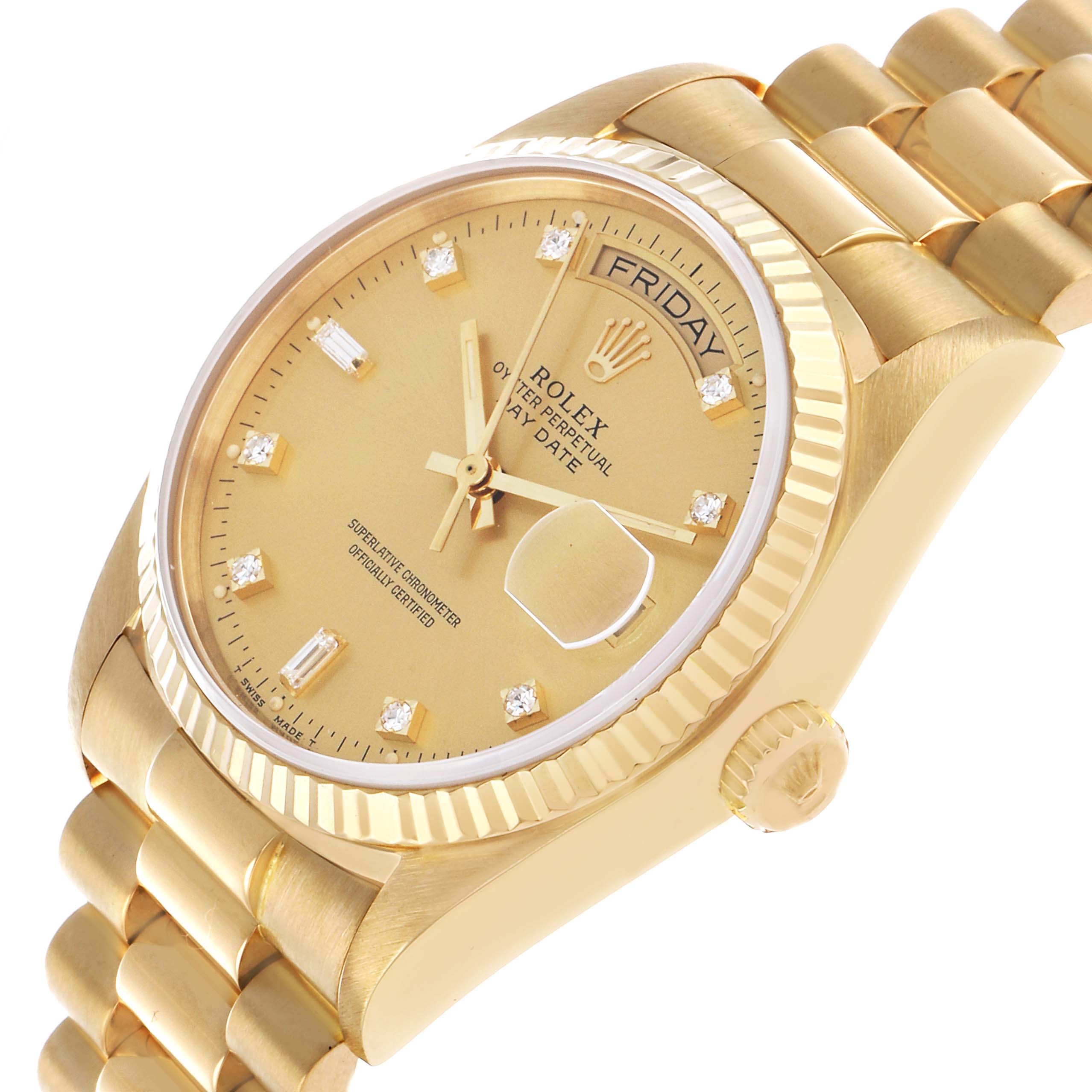 The Rolex President 18038 Men's Yellow Gold Champagne Dial model is shown at an angle highlighting the gold dial, fluted bezel, day-date window, and bracelet.