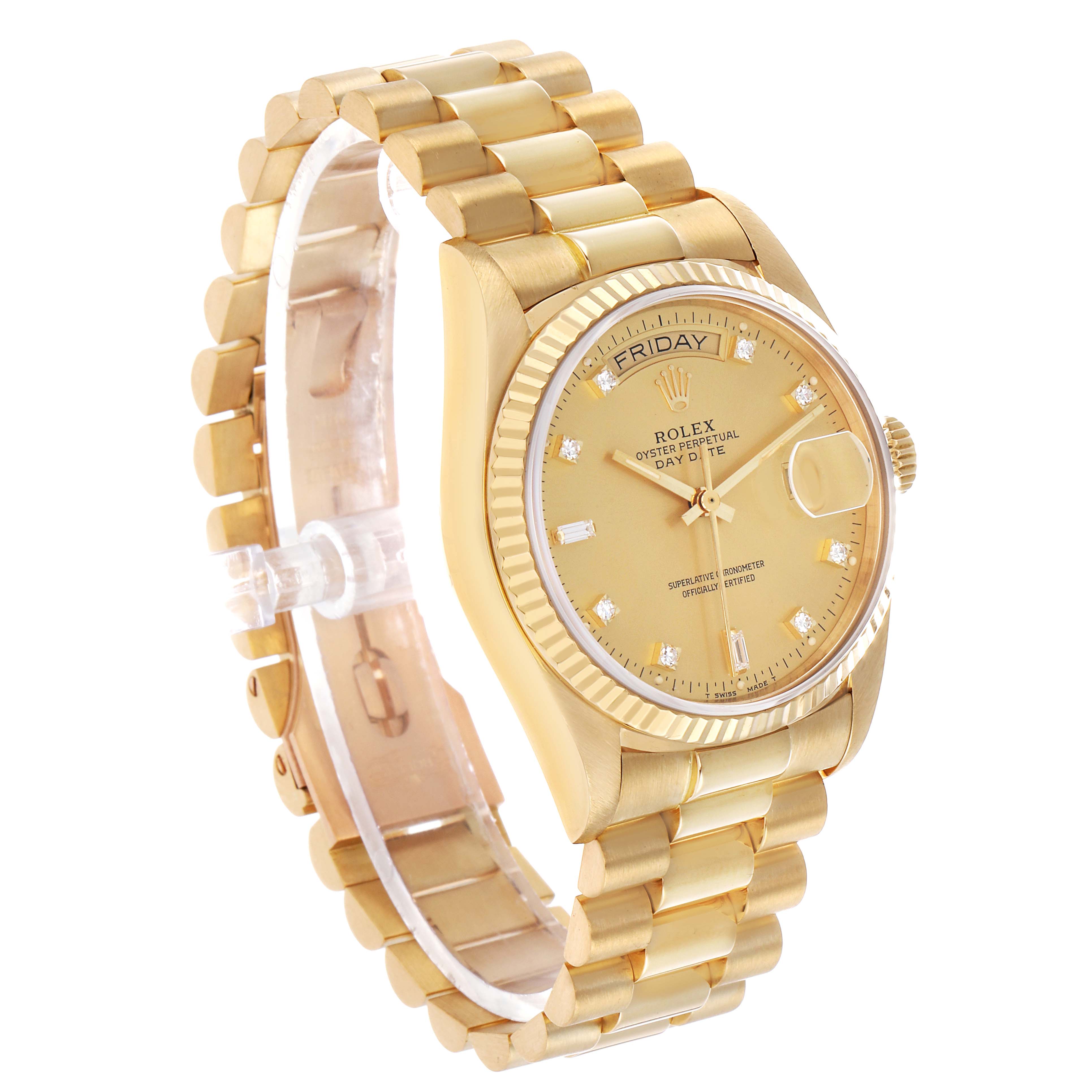 The Rolex President 18038 Men's Yellow Gold Champagne Dial model watch is shown at a three-quarter angle, displaying the dial, bezel, and part of the bracelet.