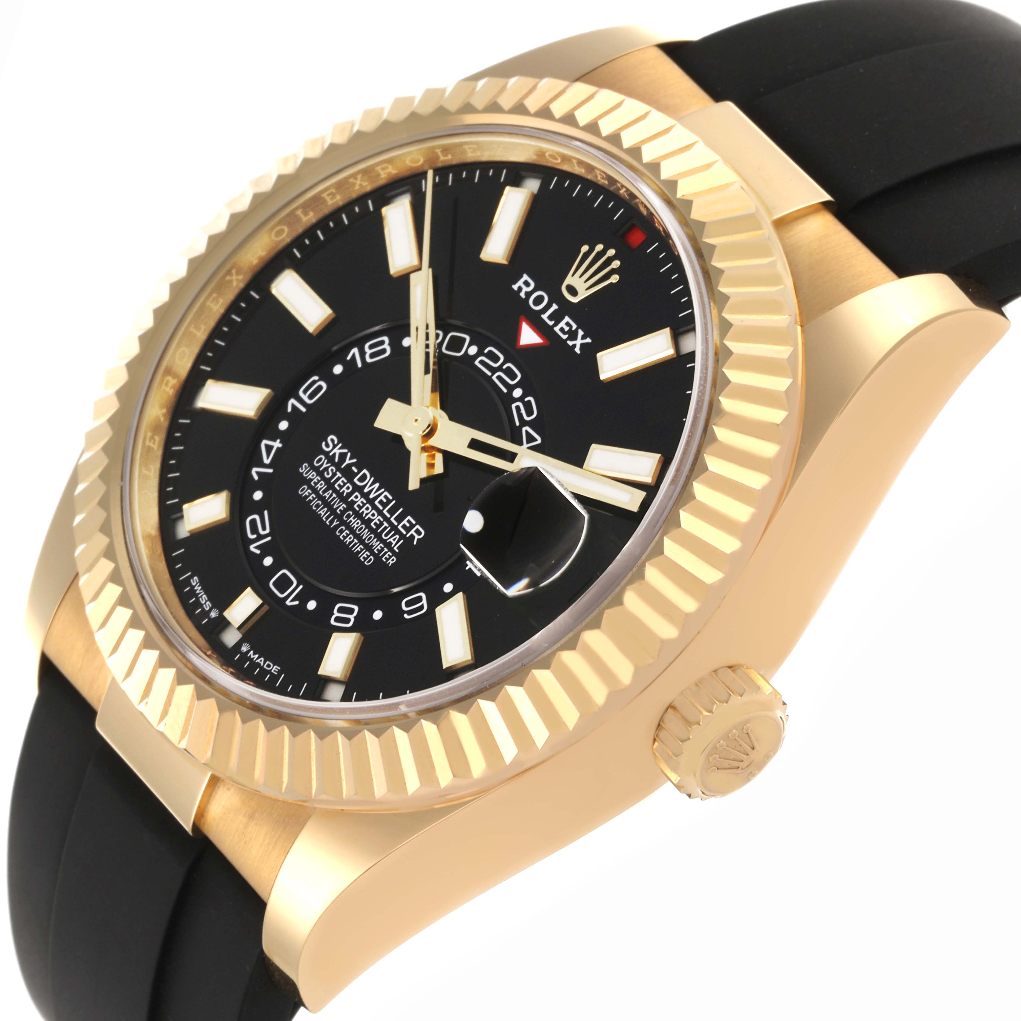 The Rolex Sky-Dweller 336238 Men's Yellow Gold Black Dial 336238 Men's Yellow Gold Black Dial watch is shown at an angle highlighting the black dial, gold bezel, crown, and part of the black strap.