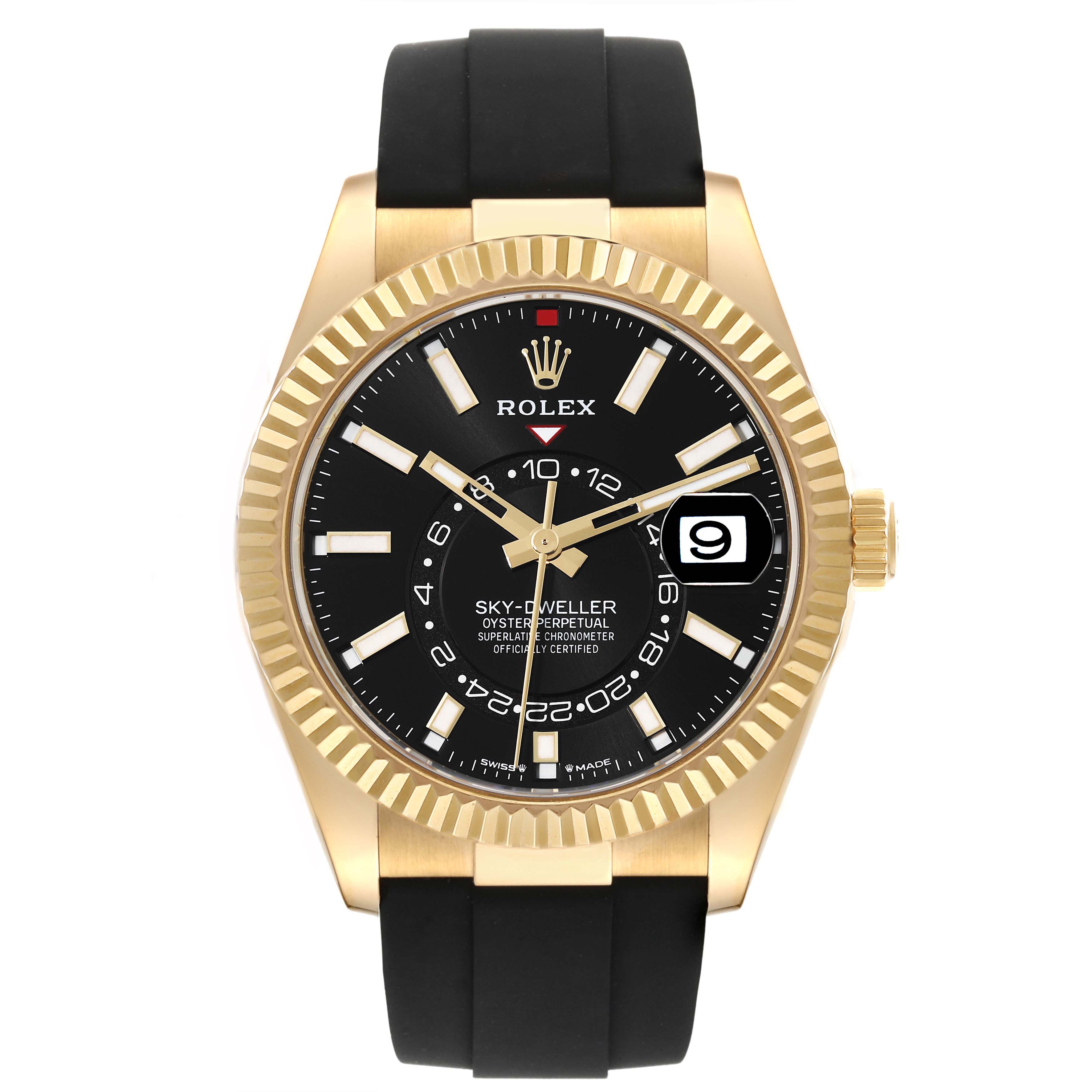 The image shows a front view of a Rolex Sky-Dweller 336238 Men's Yellow Gold Black Dial 336238 Men's Yellow Gold Black Dial, highlighting its dial, bezel, and part of the strap.